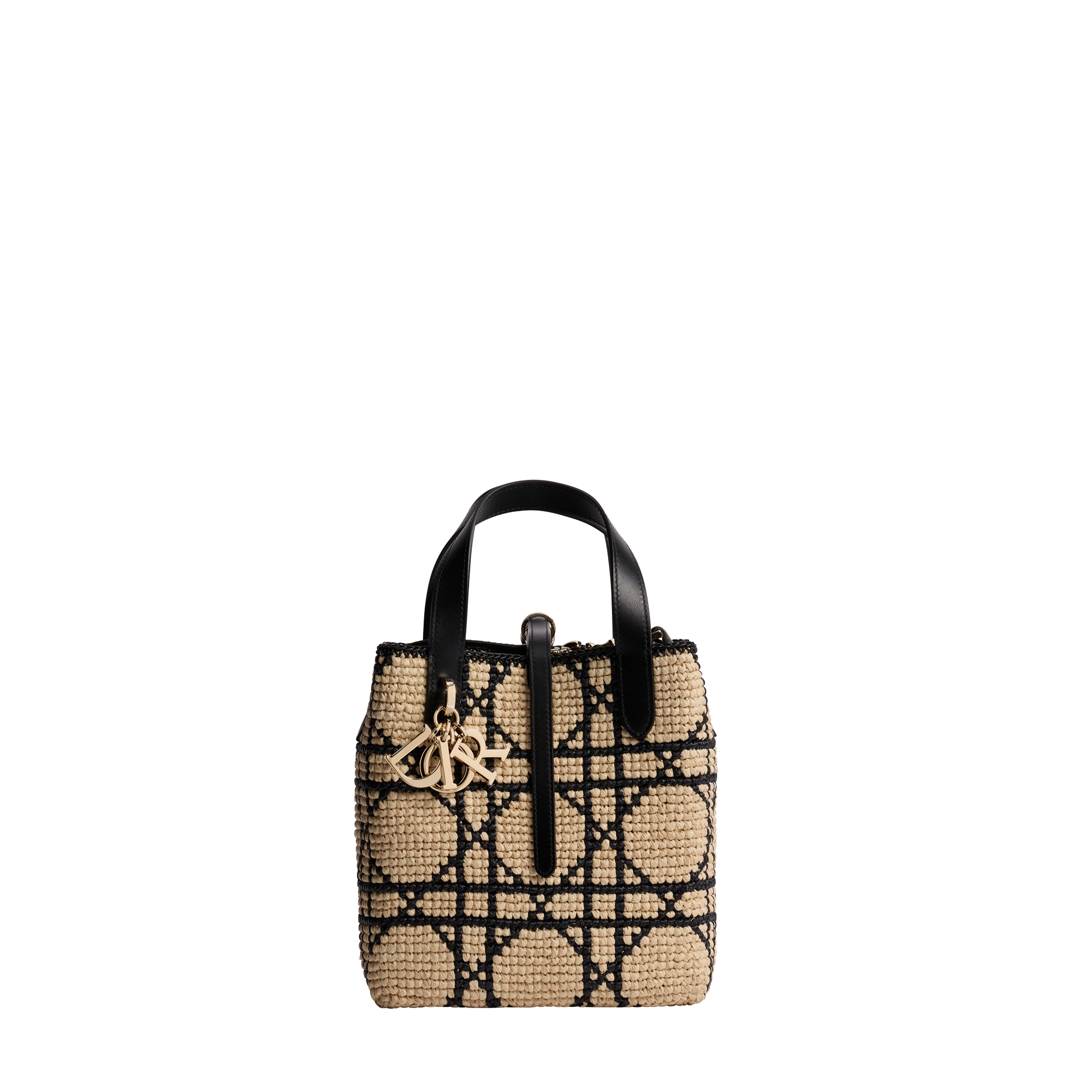 Small Dior Toujours Vertical Tote Bag Macrocannage Raffia and Black Calfskin E01