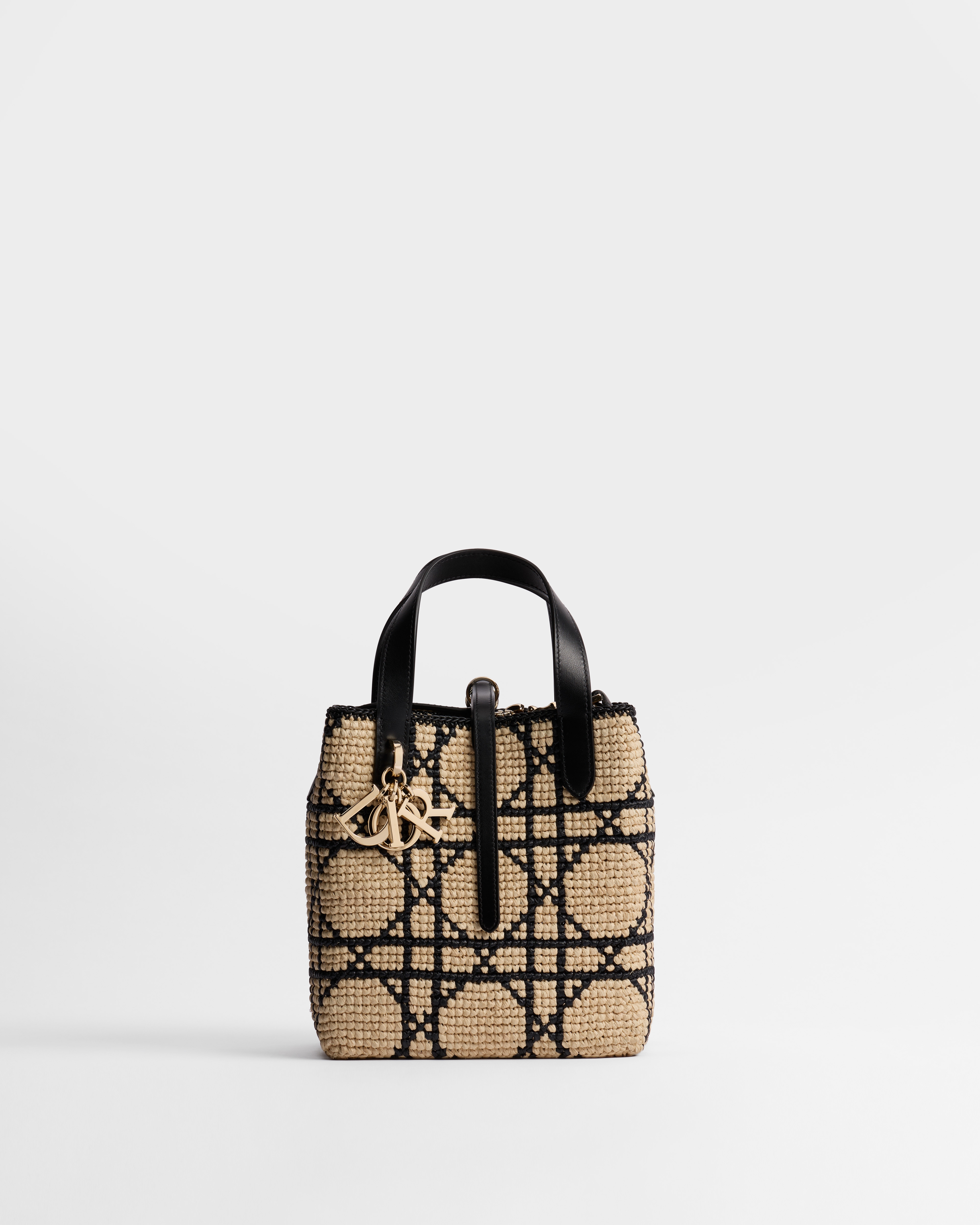 Sac cabas vertical Dior Toujours Small Raphia Macrocannage et cuir de veau noir E01