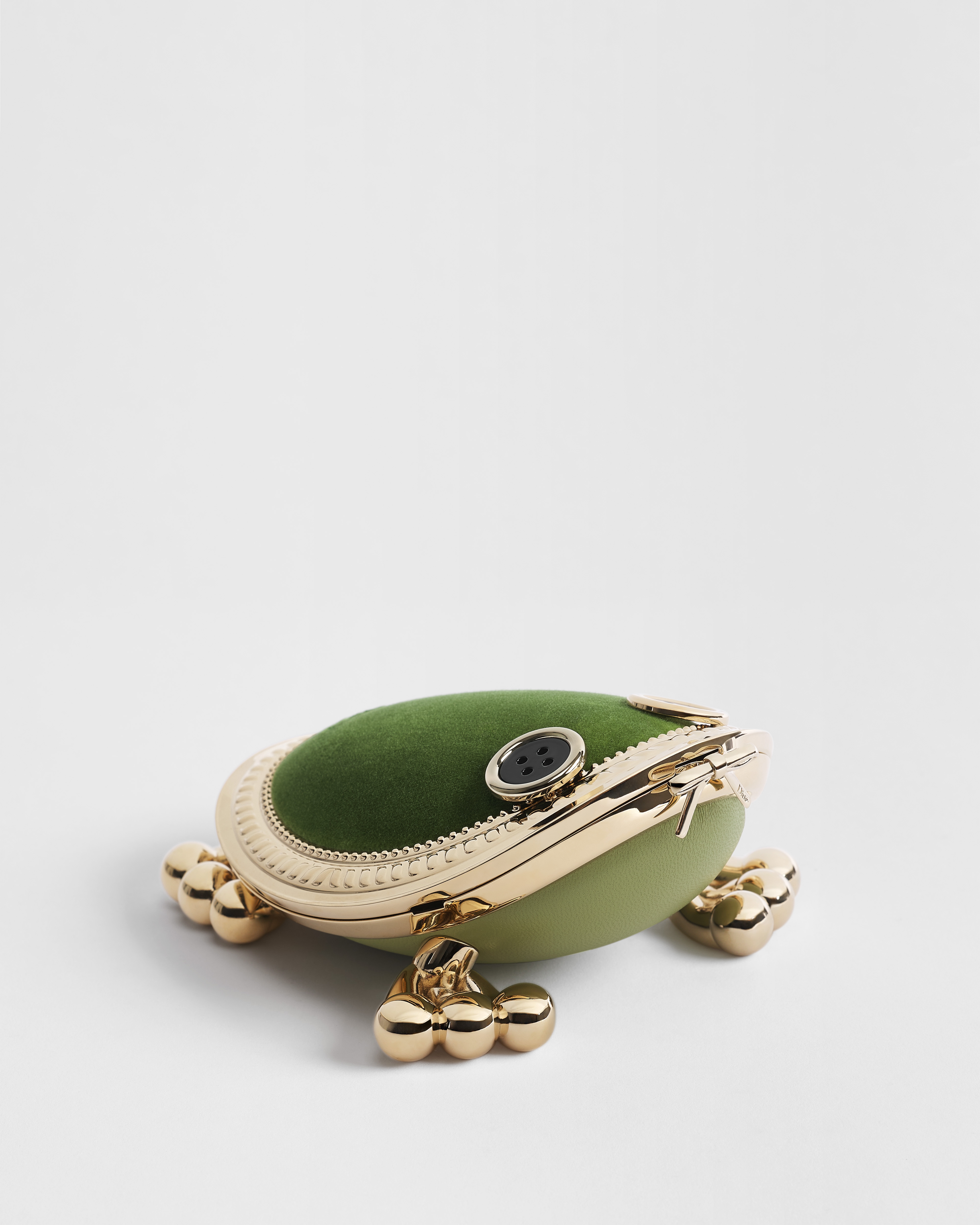 Frog Minaudière Bag Pale Gold-Finish Metal with Green Lambskin and Velvet E03