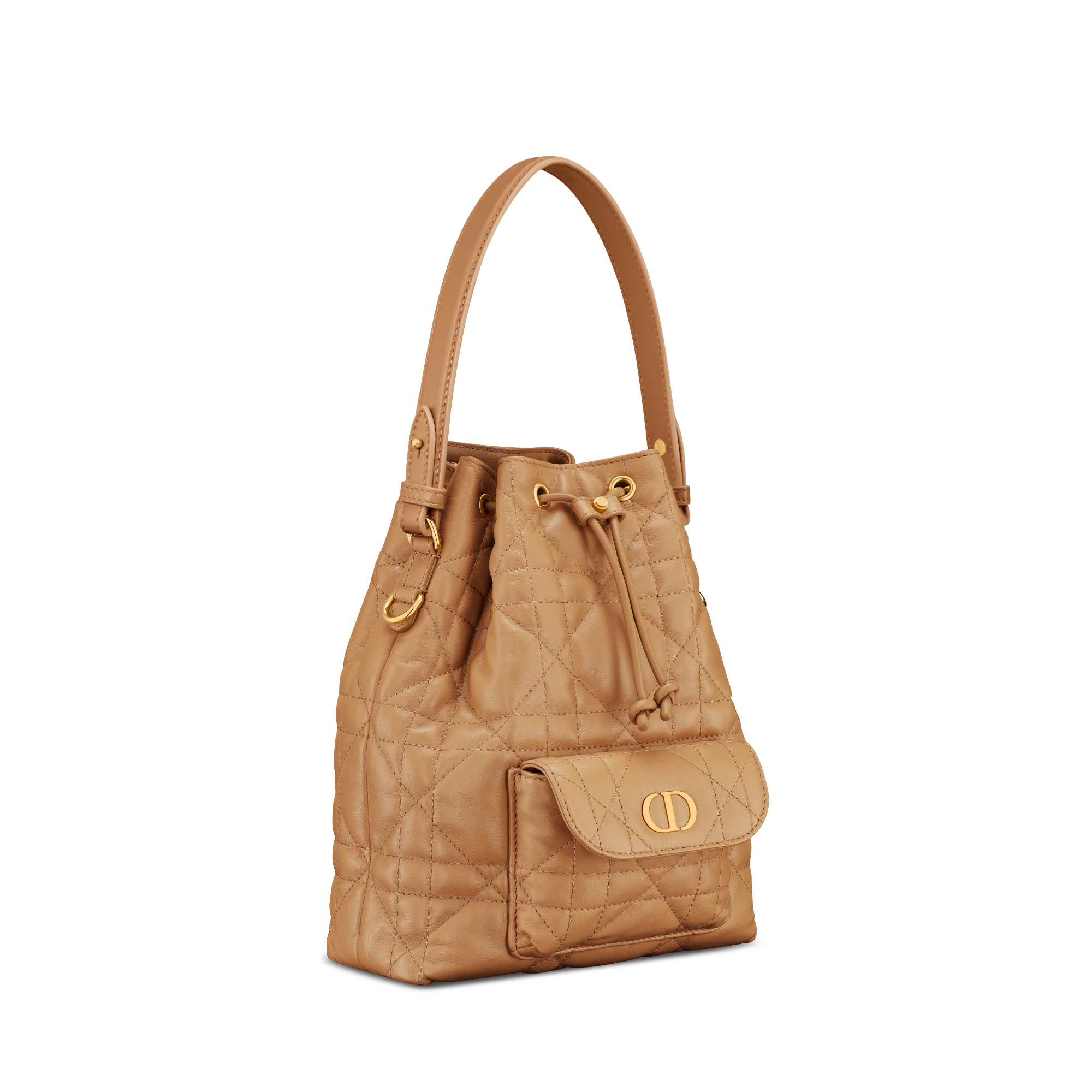 Bolsa bucket Dior Caro pequena Pele de cordeiro Macrocannage dourado-clara E03