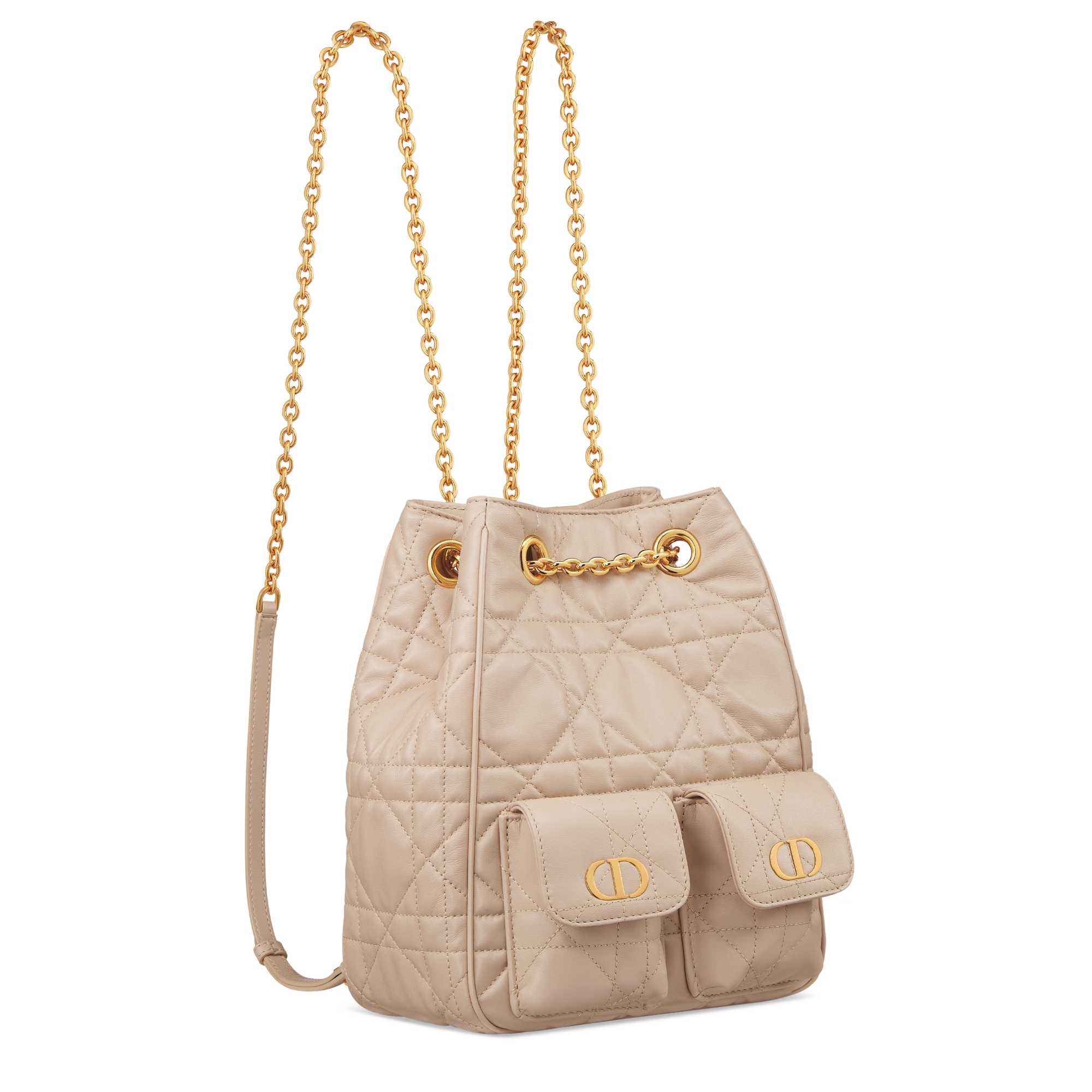Medium Dior Caro Multicarry Backpack with Chain Powder Beige Macrocannage Lambskin E03