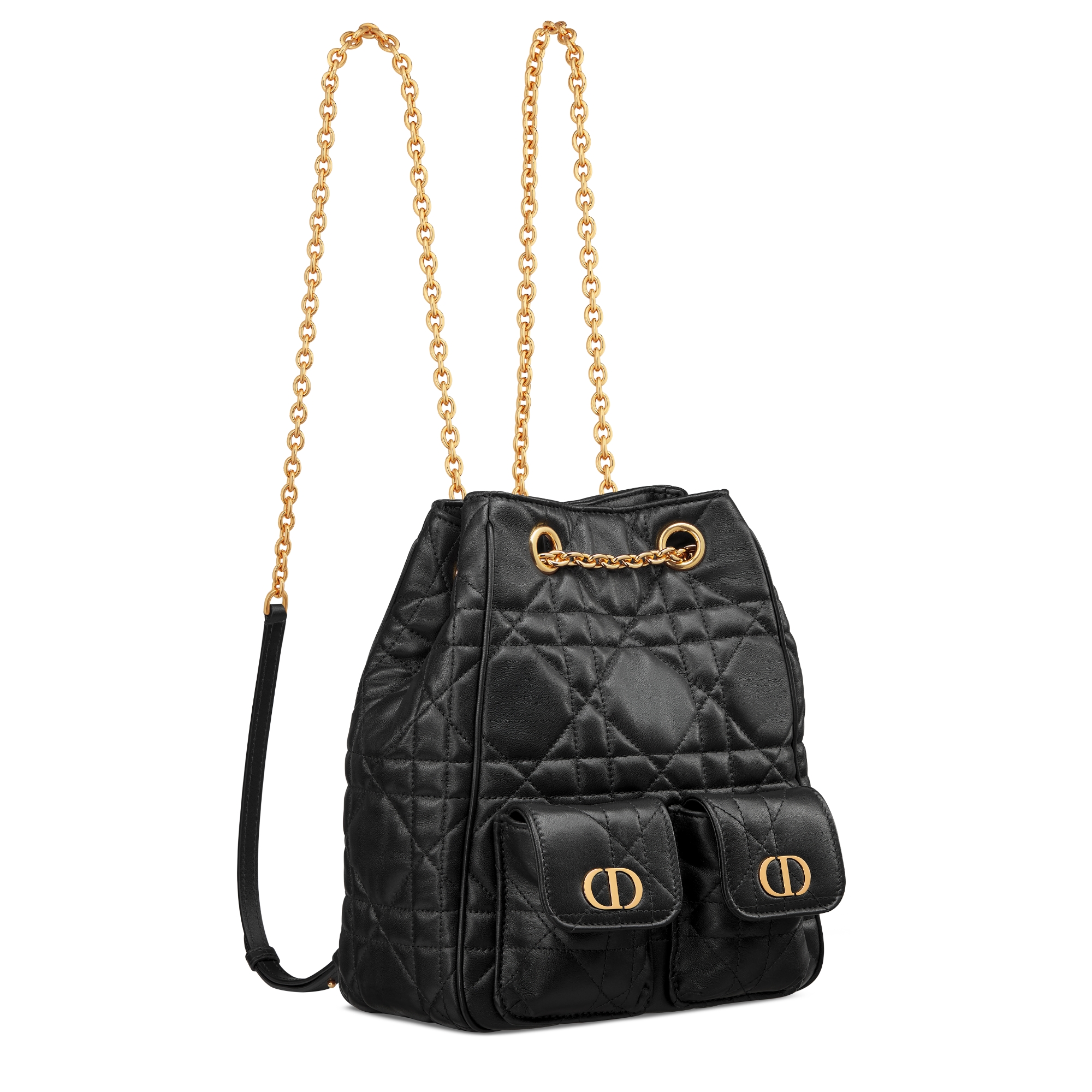 Medium Dior Caro Multicarry Backpack with Chain Black Macrocannage Lambskin E03