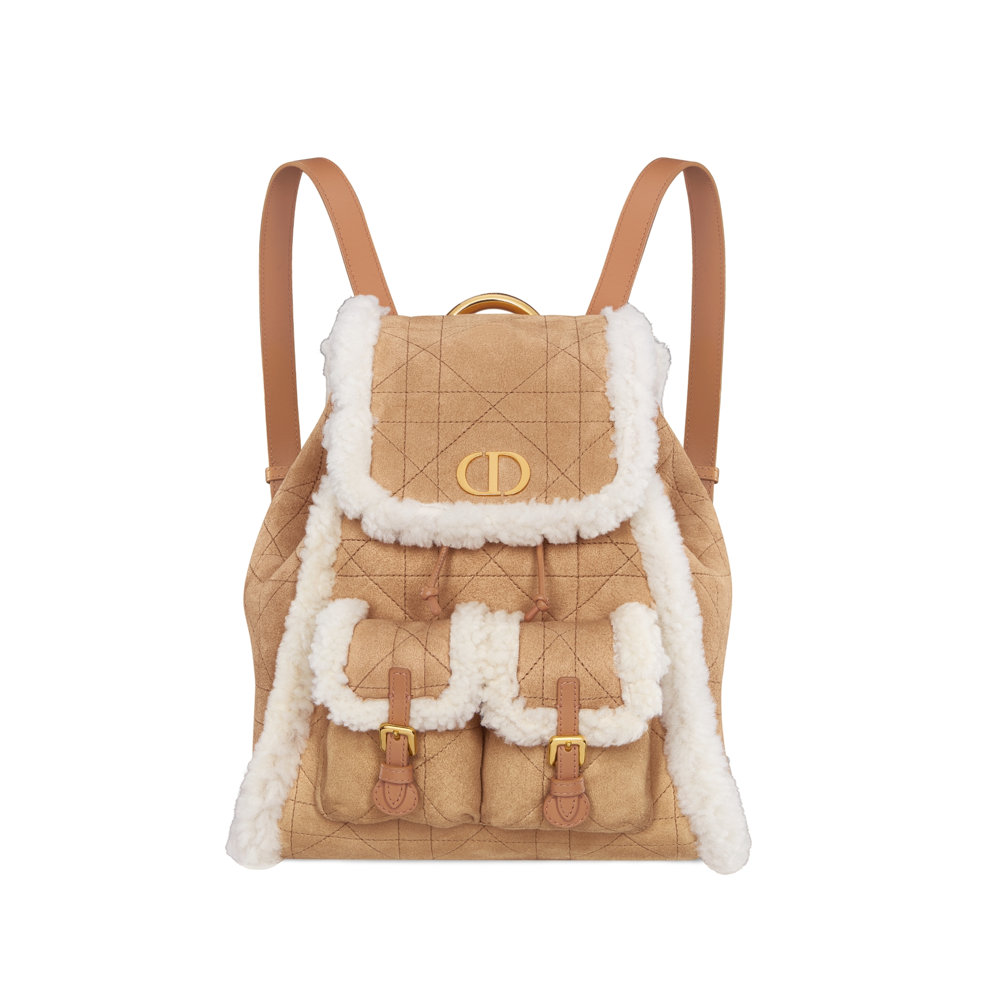 DiorAlps Medium Dior Caro Backpack Beige Macrocannage Suede Calfskin and Ecru Merino Wool E01