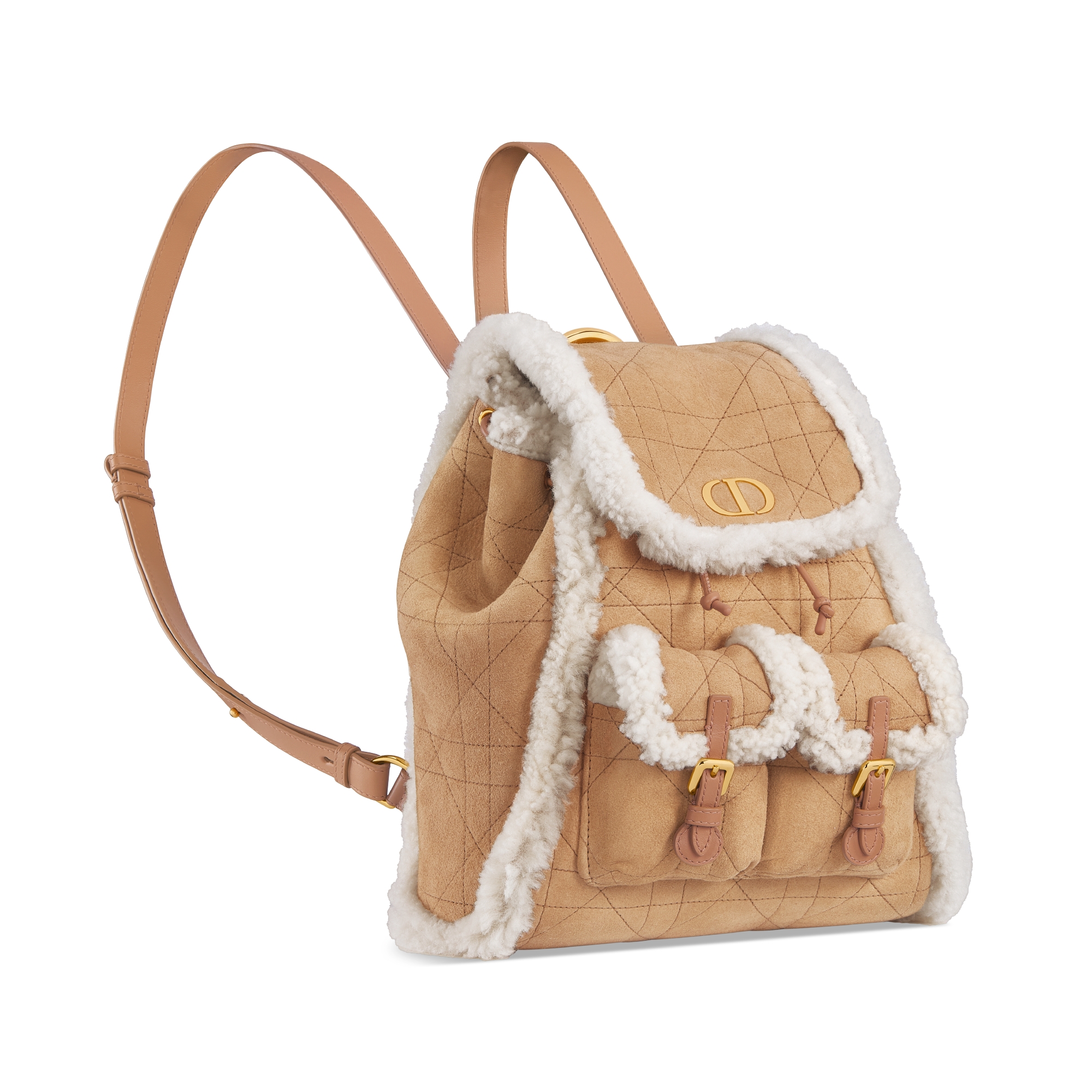 DiorAlps Medium Dior Caro Backpack Beige Macrocannage Suede Calfskin and Ecru Merino Wool E03