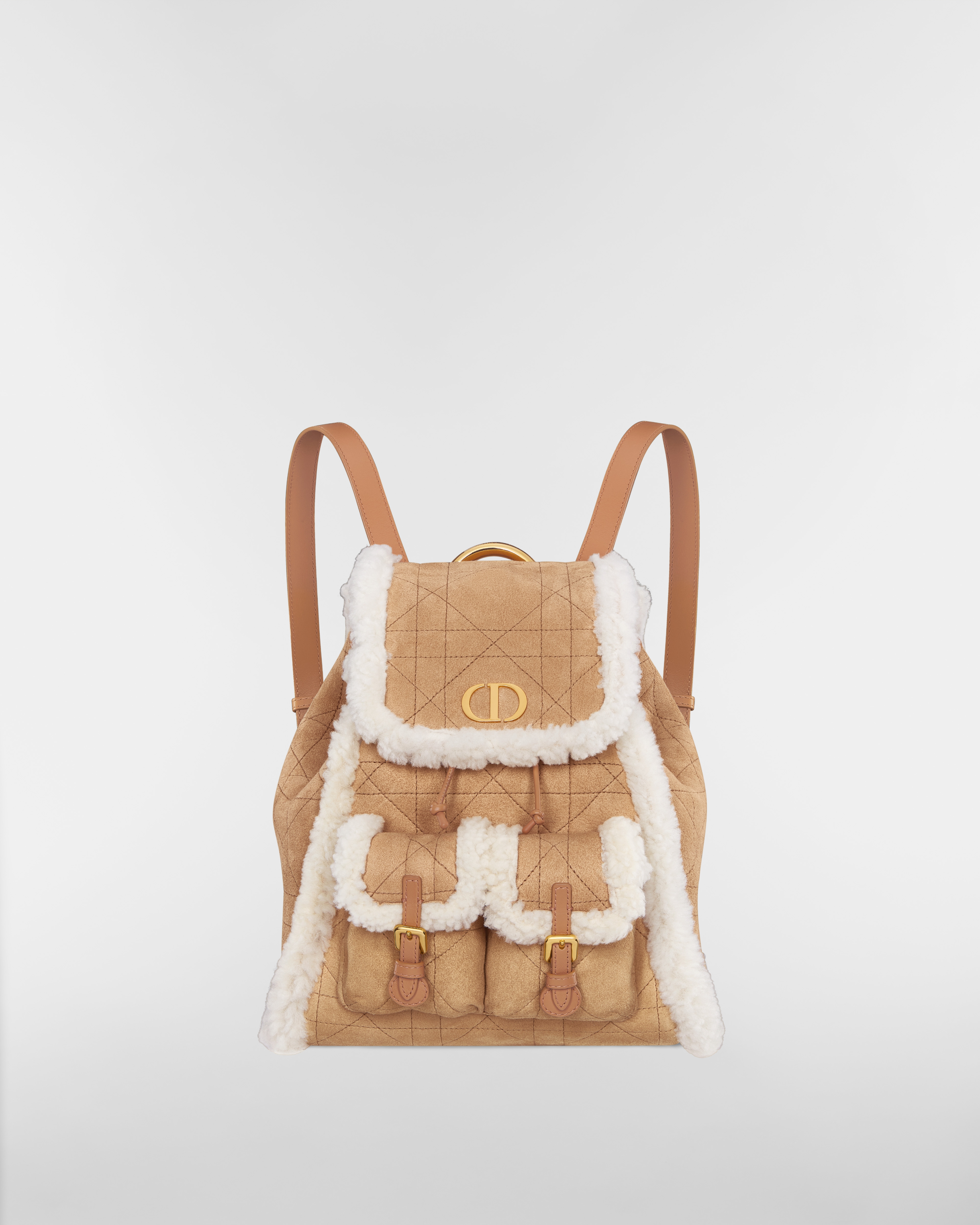 DiorAlps Medium Dior Caro Backpack Beige Macrocannage Suede Calfskin and Ecru Merino Wool E01