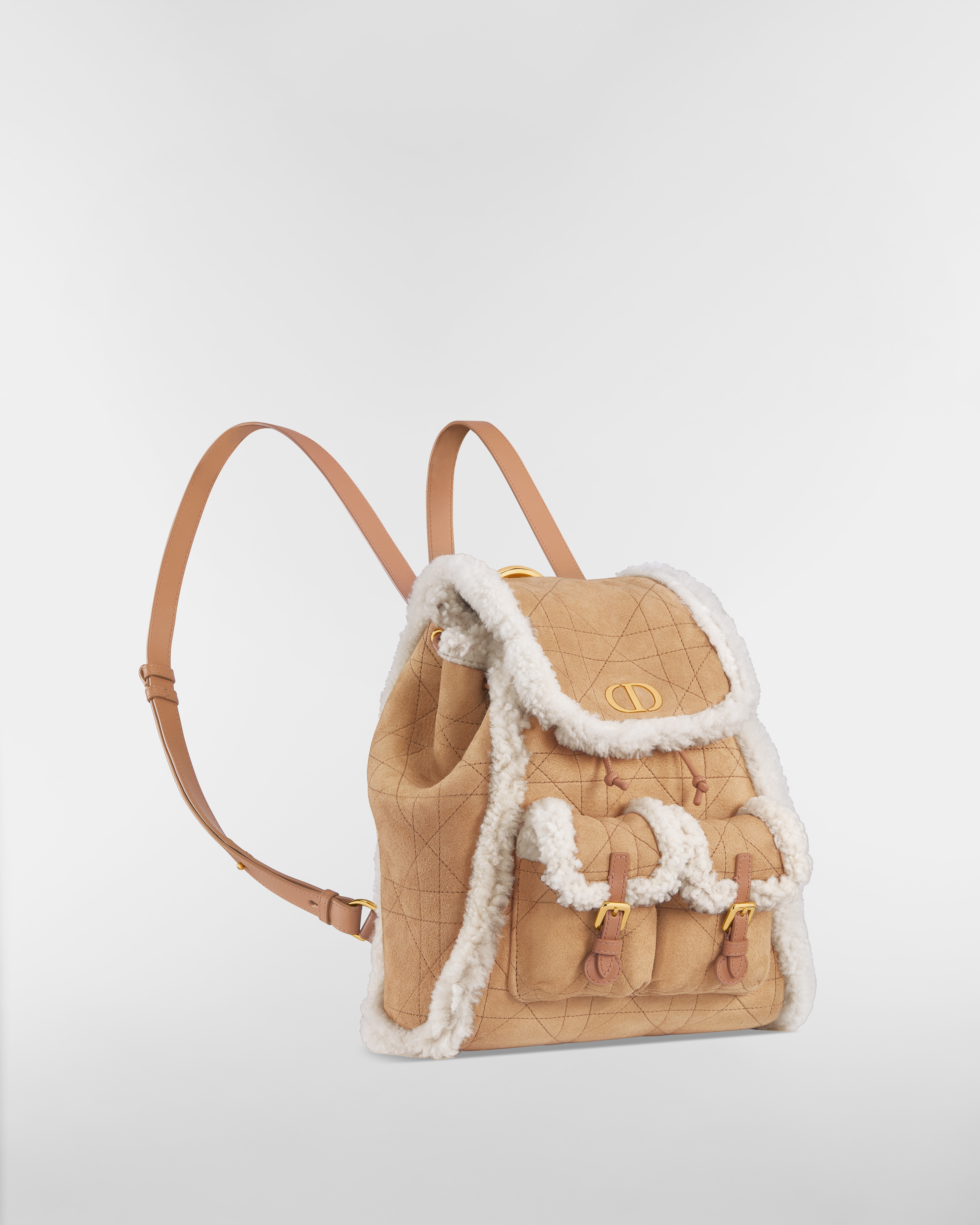 DiorAlps Medium Dior Caro Backpack Beige Macrocannage Suede Calfskin and Ecru Merino Wool E03