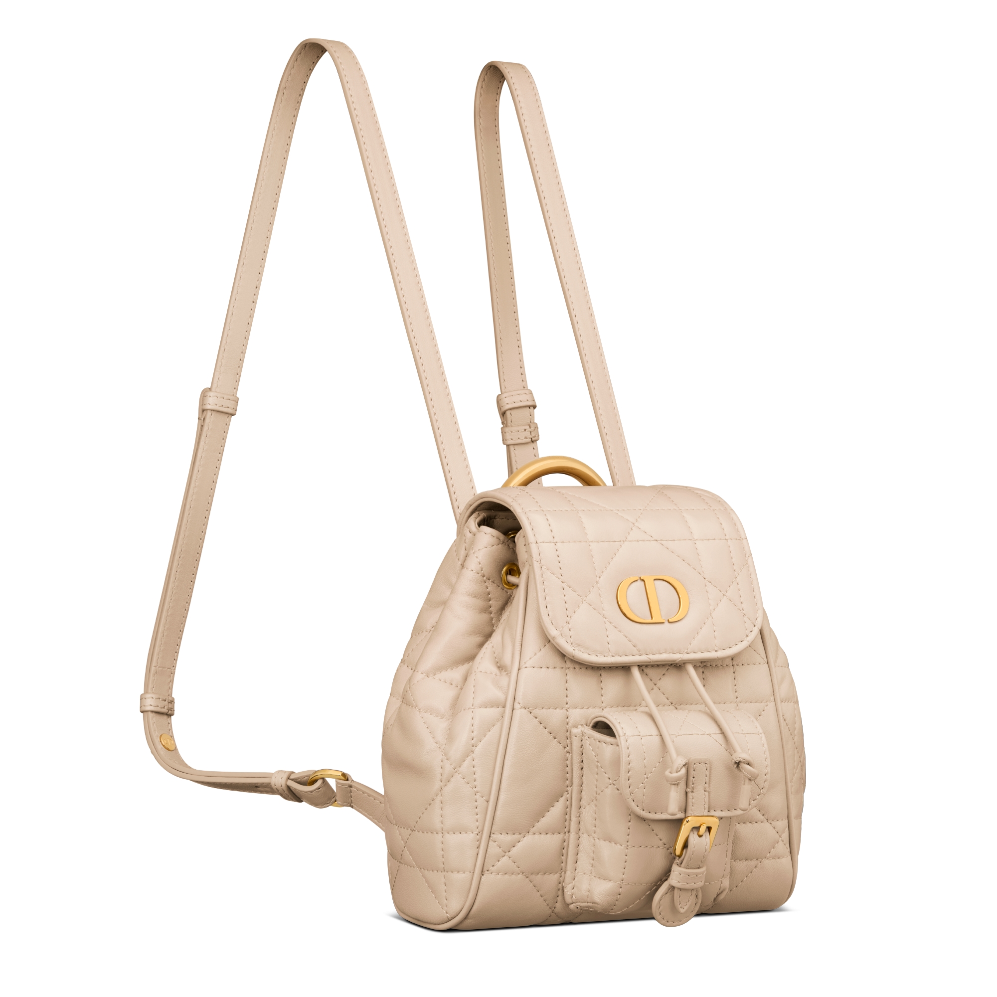 Kleine Dior Caro-rugzak Poederbeige lamsleer met Macrocannage-motief E03