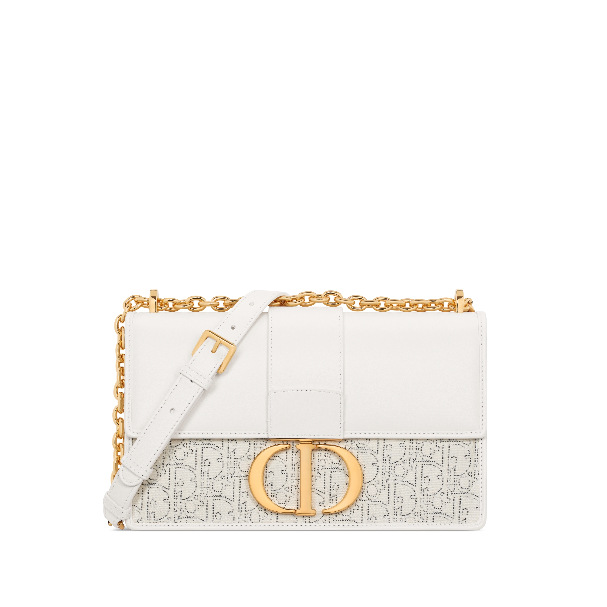 30 Montaigne Chain Bag Latte Smooth Calfskin and White Dior Oblique Jacquard with Contrasting Black Topstitching E01