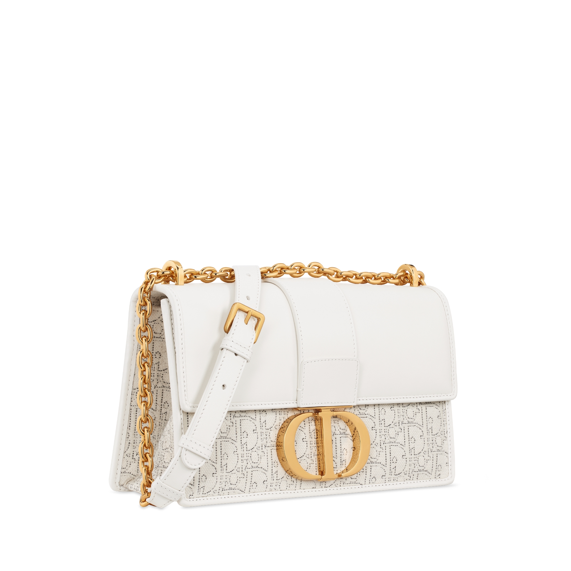 30 Montaigne Chain Bag Latte Smooth Calfskin and White Dior Oblique Jacquard with Contrasting Black Topstitching E03