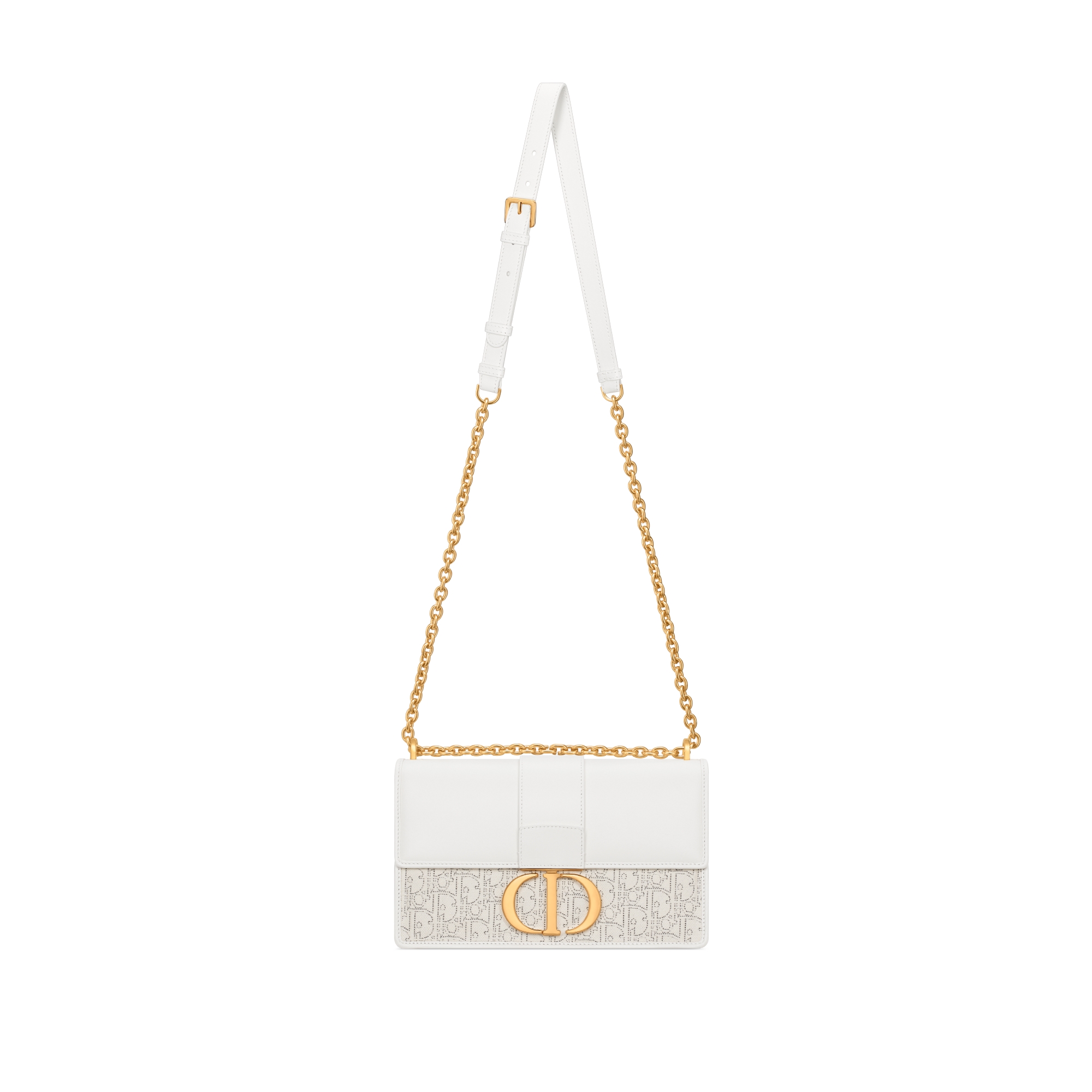 30 Montaigne Chain Bag Latte Smooth Calfskin and White Dior Oblique Jacquard with Contrasting Black Topstitching E07