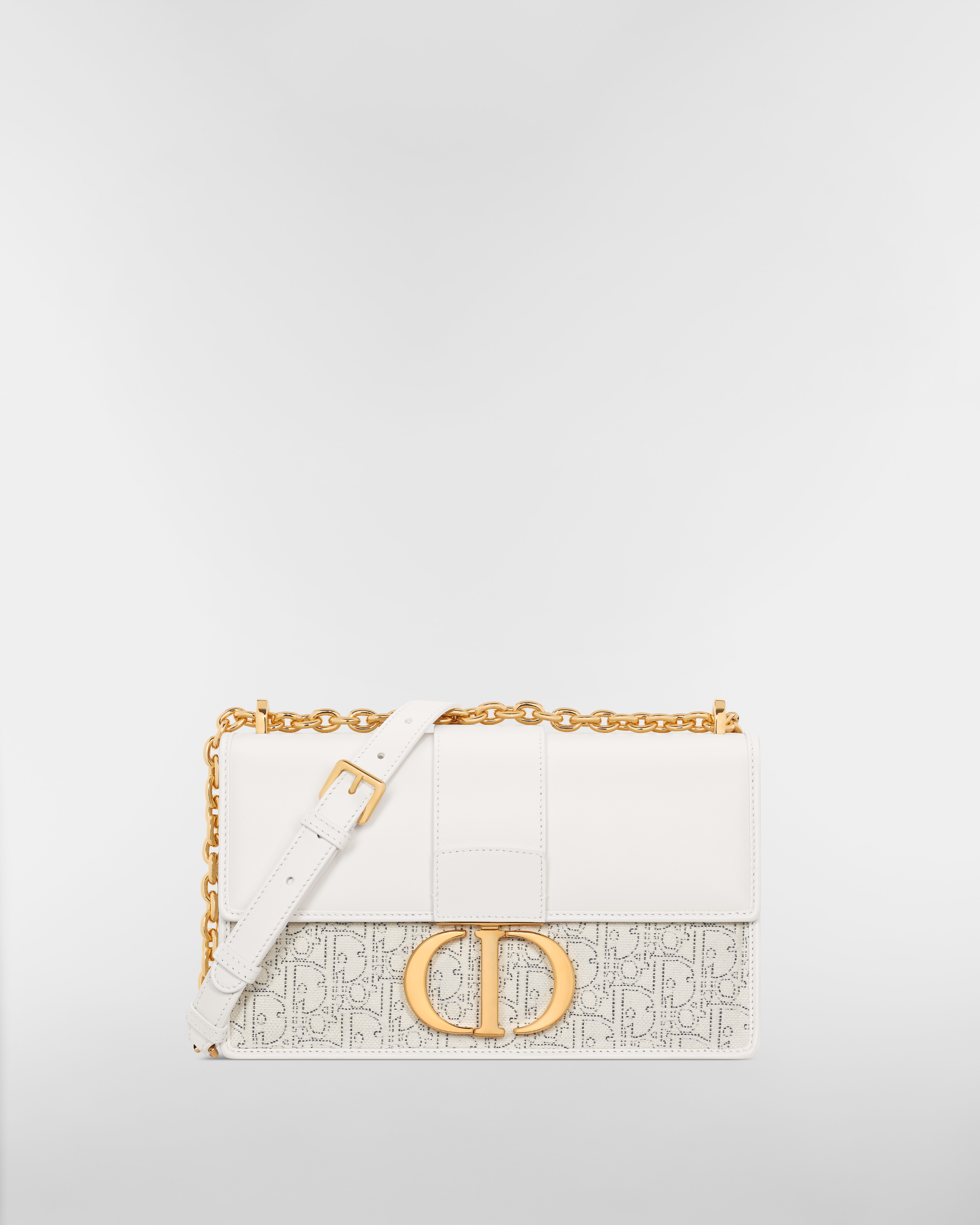 30 Montaigne 鏈帶包 奶白色光滑小牛皮和白色 Dior Oblique 緹花搭配對比色黑色縫線 E01