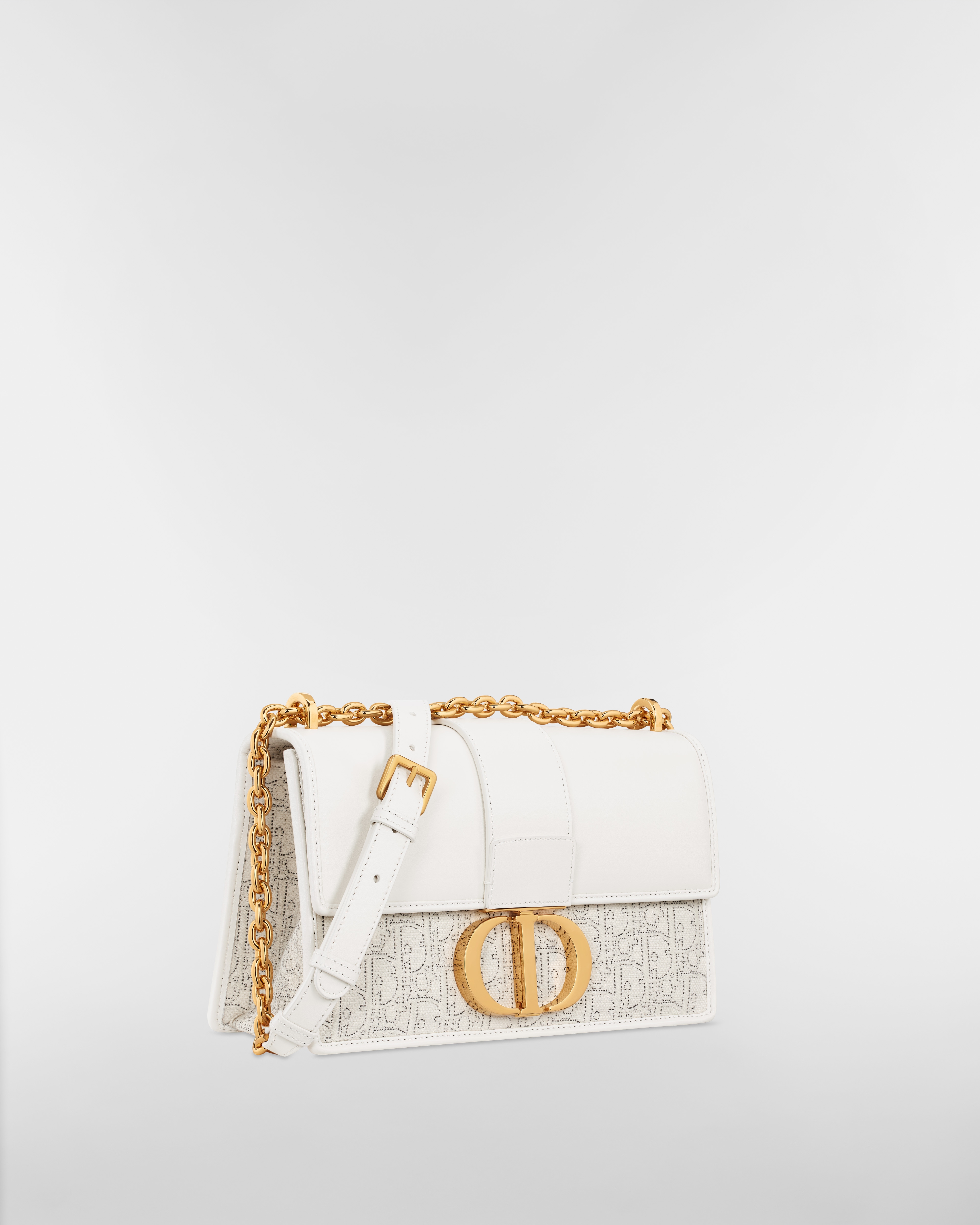 30 Montaigne 鏈帶包 奶白色光滑小牛皮和白色 Dior Oblique 緹花搭配對比色黑色縫線 E03