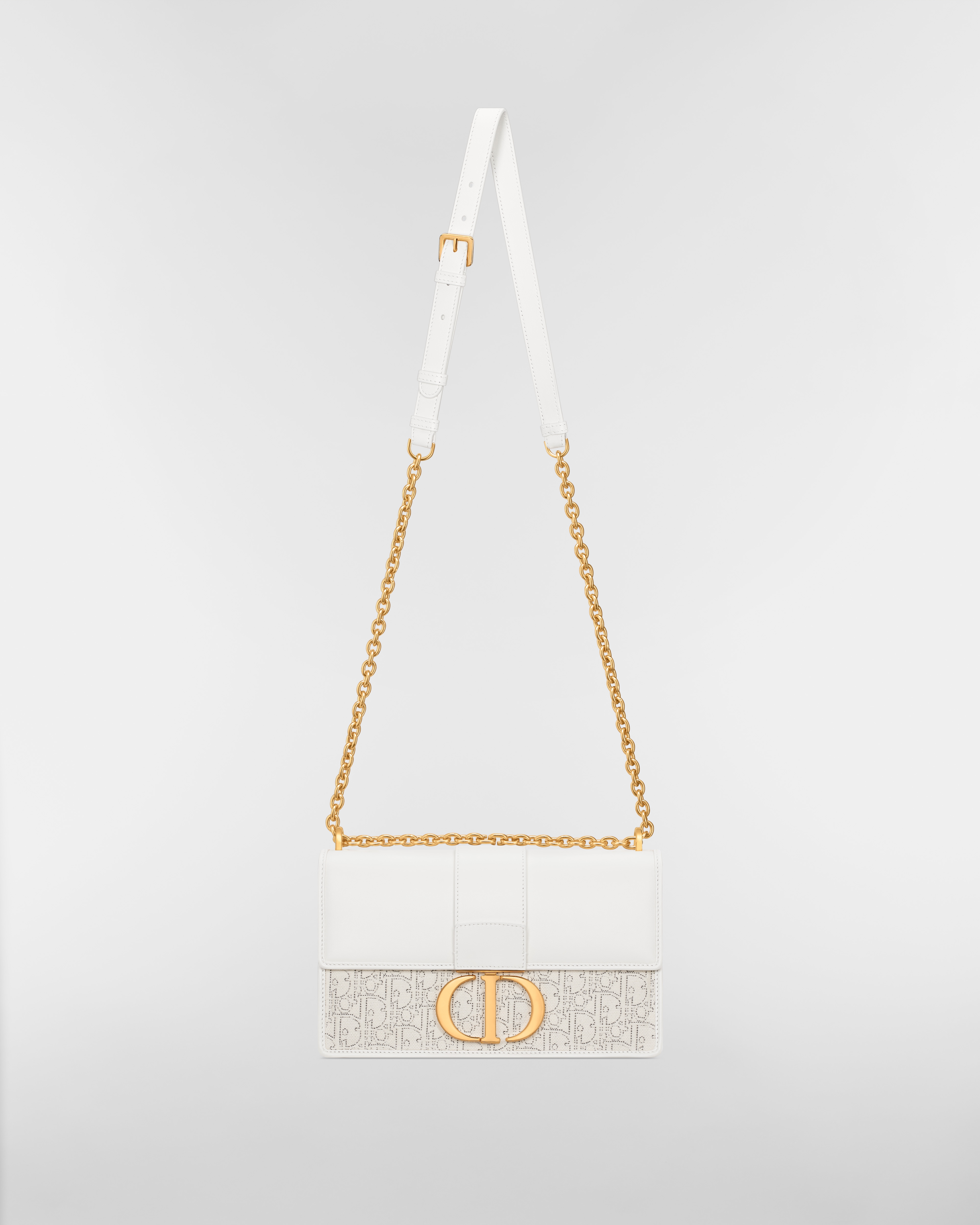 30 Montaigne 鏈帶包 奶白色光滑小牛皮和白色 Dior Oblique 緹花搭配對比色黑色縫線 E07