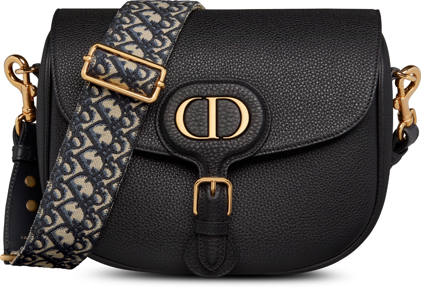 DIOR Large Dior Bobby Bag Black Grained Calfskin With Blue Dior Oblique Embroidered Shoulder Strap Women