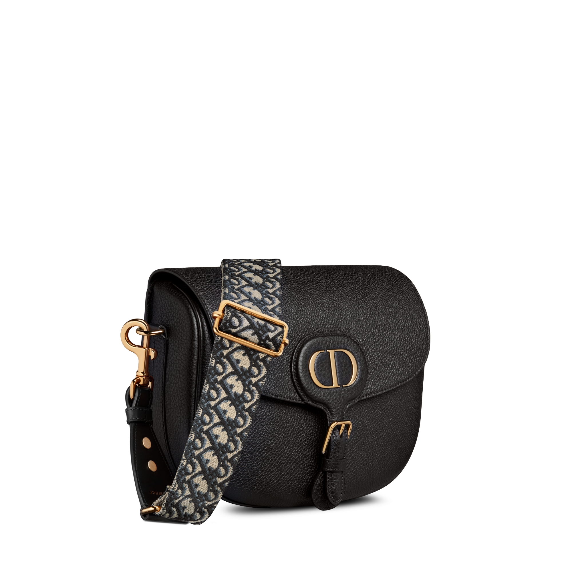 Bolso grande Dior Bobby Piel de becerro graneada negra con bandolera bordada con el motivo Dior Oblique azul E03