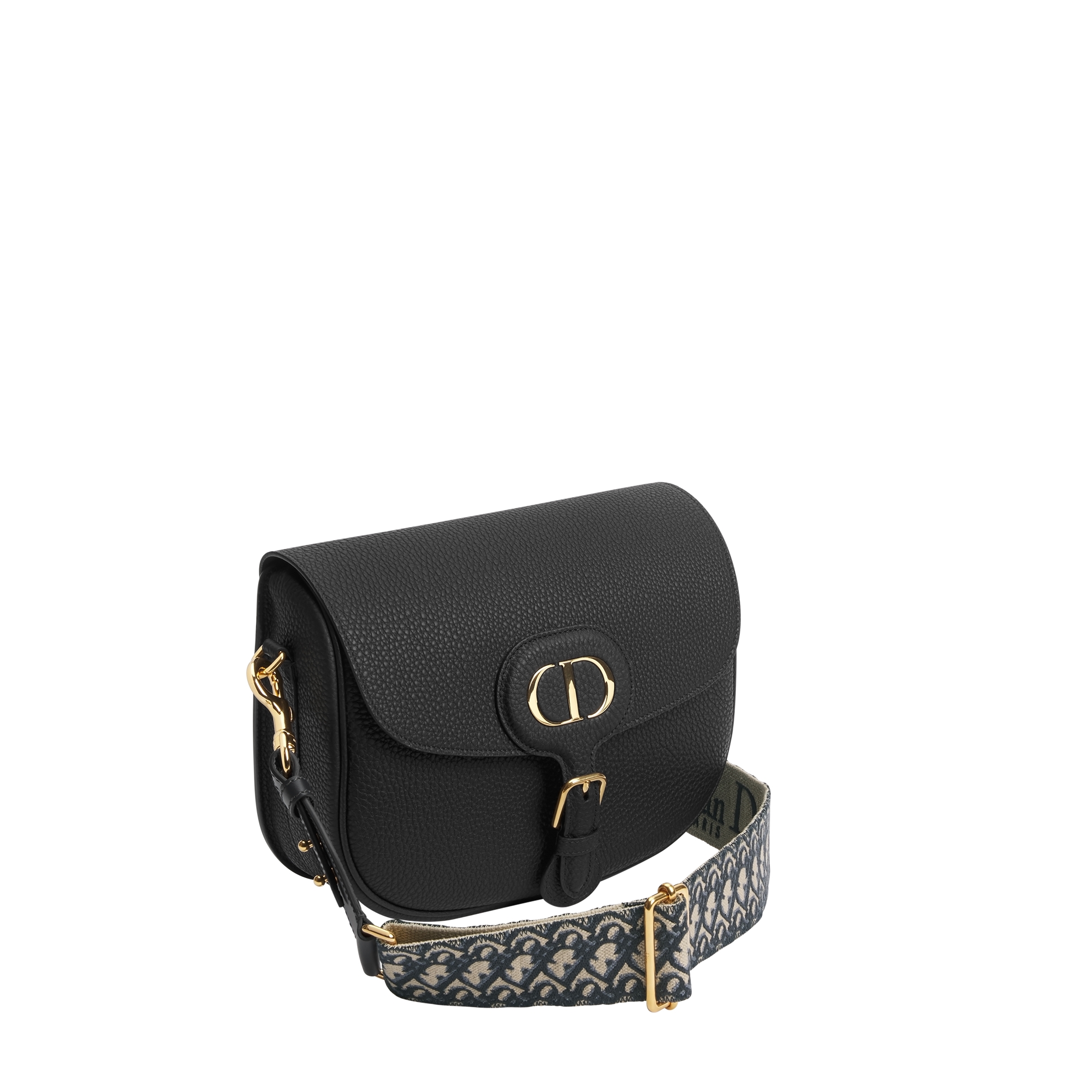 Large Dior Bobby Bag Black Grained Calfskin with Blue Dior Oblique Embroidered Shoulder Strap E03