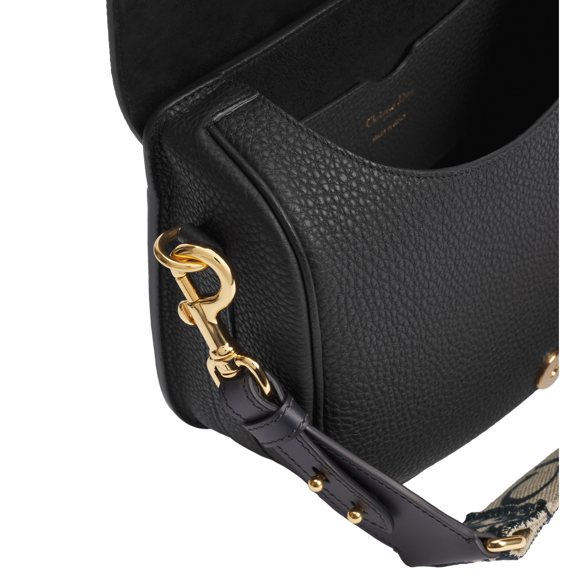 Large Dior Bobby Bag Black Grained Calfskin with Blue Dior Oblique Embroidered Shoulder Strap E06
