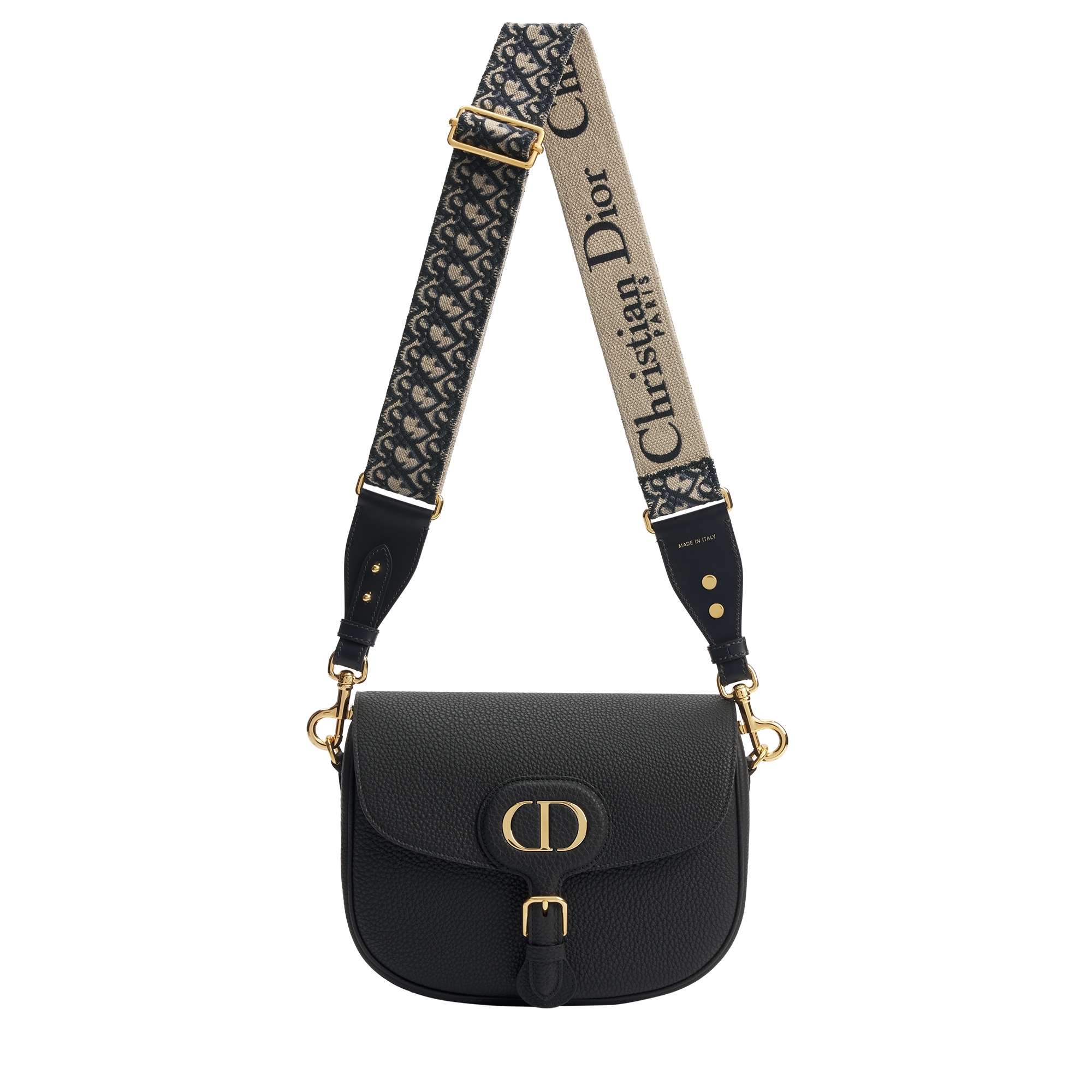 Large Dior Bobby Bag Black Grained Calfskin with Blue Dior Oblique Embroidered Shoulder Strap E07