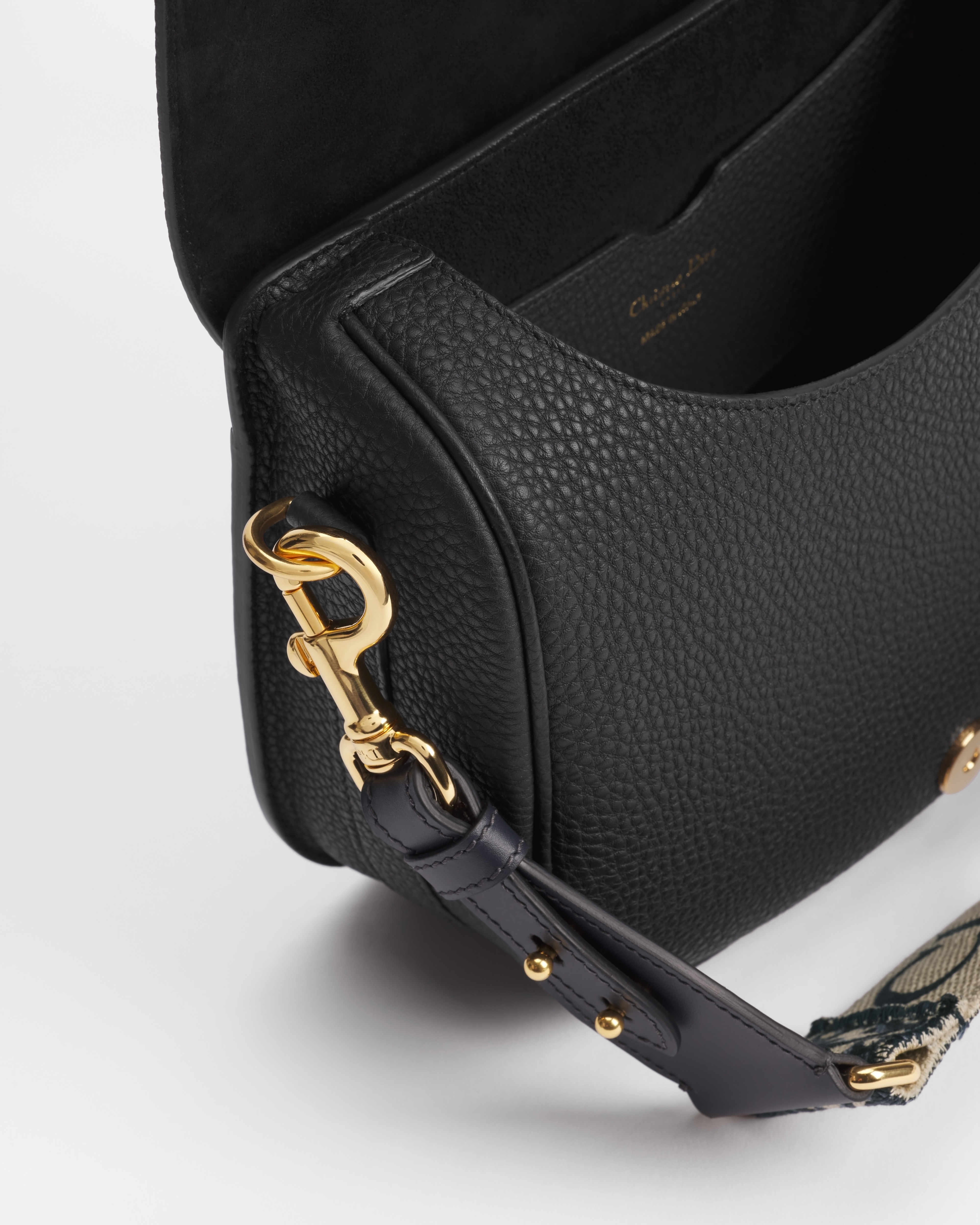 Large Dior Bobby Bag Black Grained Calfskin with Blue Dior Oblique Embroidered Shoulder Strap E06