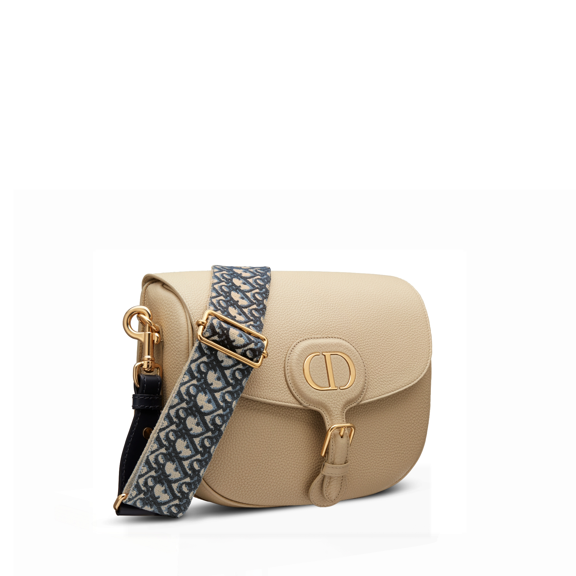 Large Dior Bobby Bag Rope Beige Grained Calfskin with Blue Dior Oblique Embroidered Shoulder Strap E03