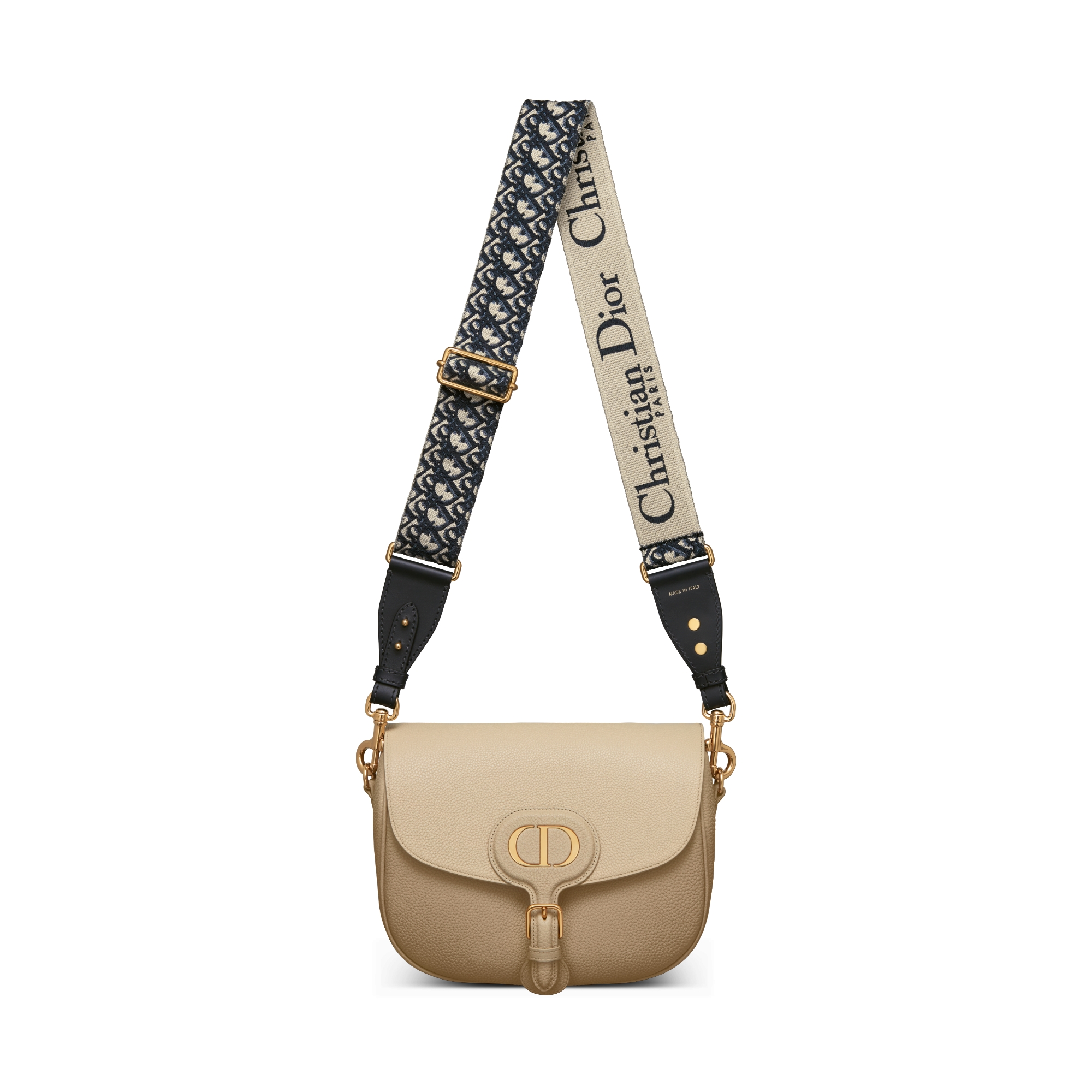 Large Dior Bobby Bag Rope Beige Grained Calfskin with Blue Dior Oblique Embroidered Shoulder Strap E07