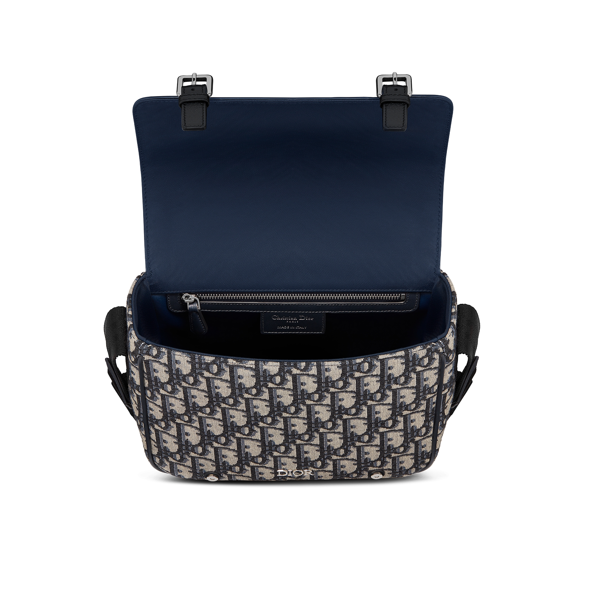 Messenger Bag für Kinder Glattes Kalbsleder in Blau und Dior Oblique Jacquard in Beige und Schwarz E06