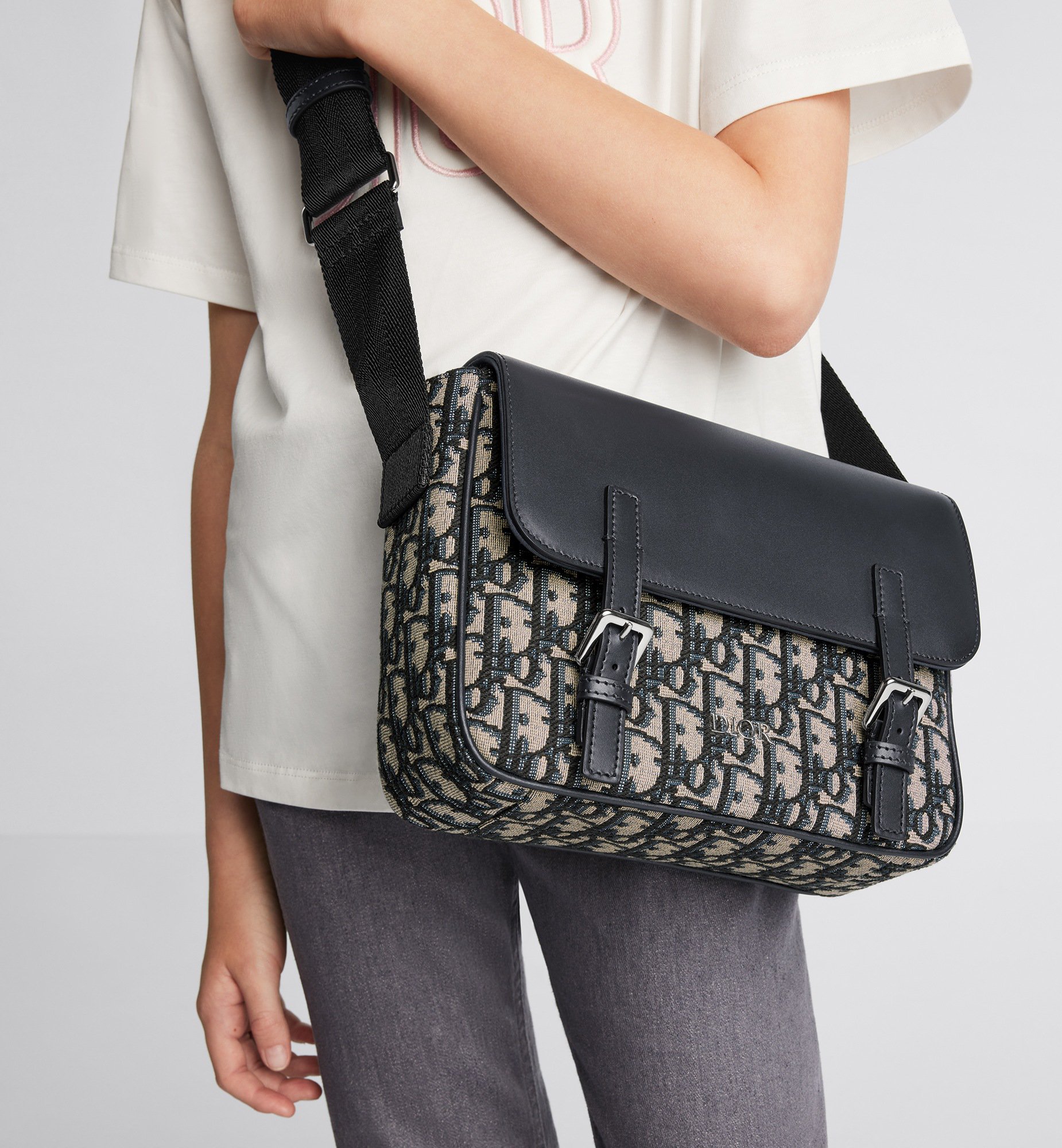 Kids Messenger Bag Blue Smooth Calfskin and Beige and Black Dior Oblique Jacquard DIOR