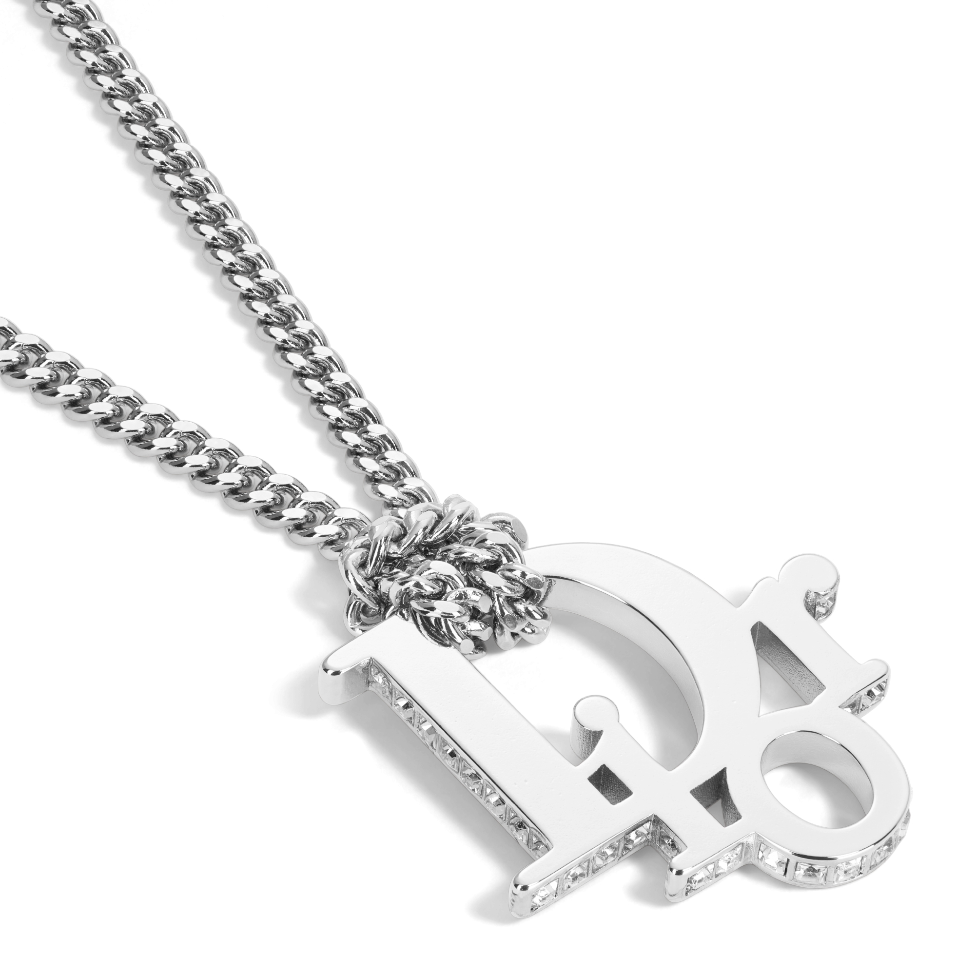 Halskette mit Dior Oblique Anhänger Messing mit Silber-Finish und Kristalle in Weiß E09