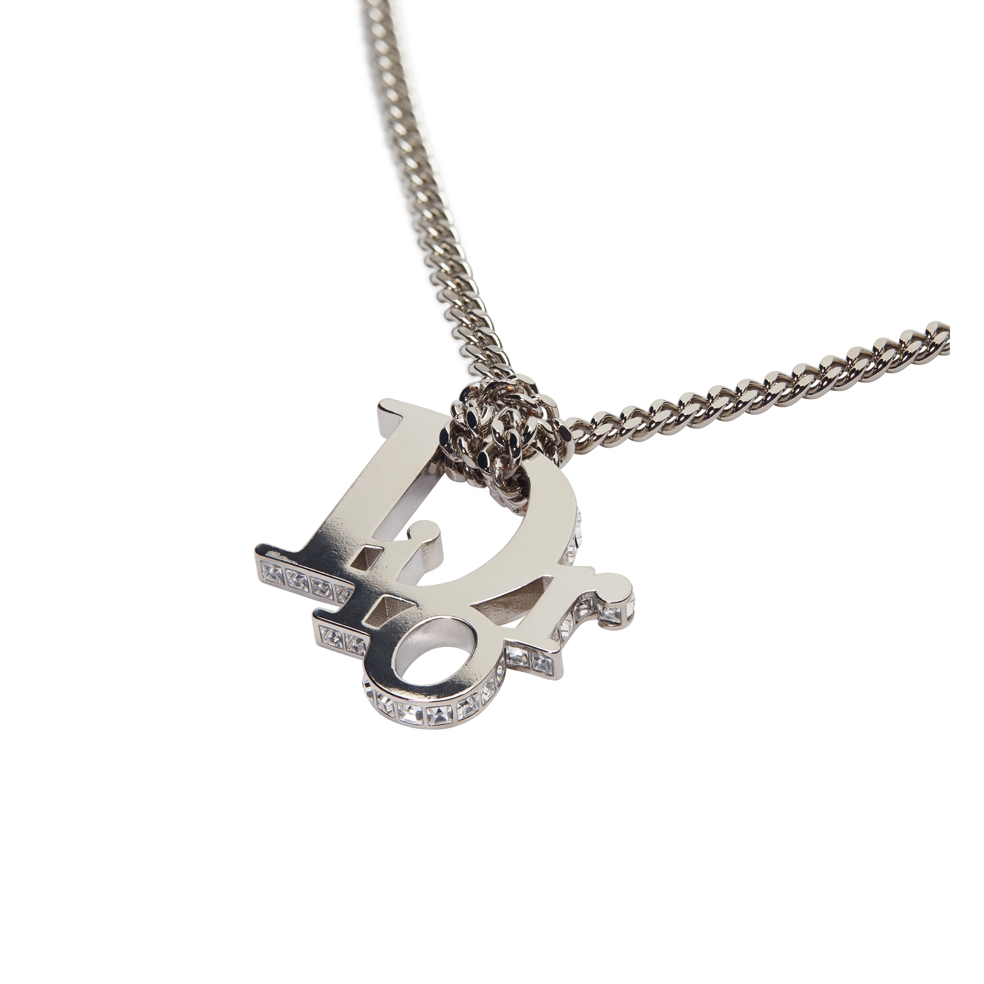 Dior Oblique Pendant Necklace Silver-Finish Brass and White Crystals E09