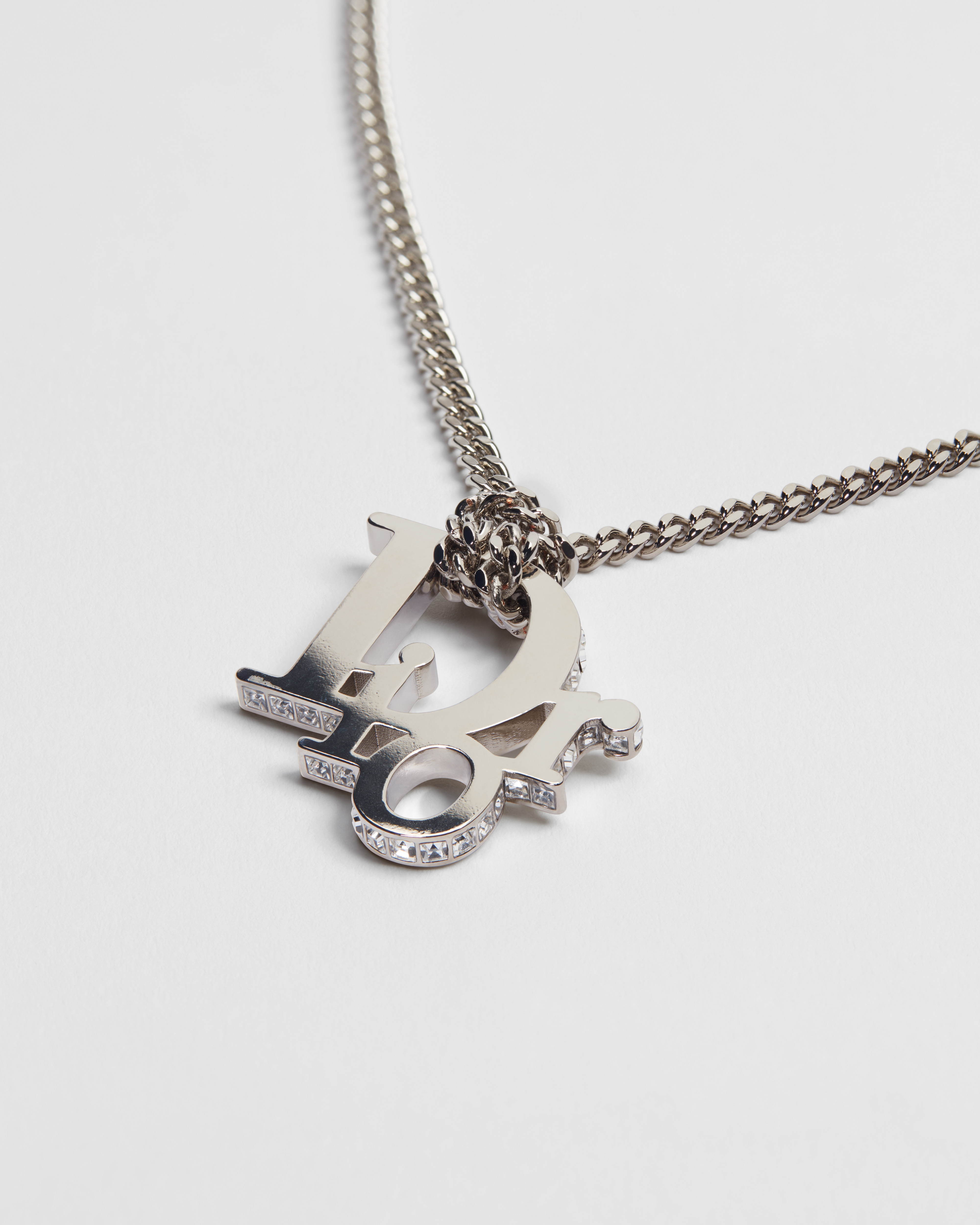 Dior Oblique Pendant Necklace Silver-Finish Brass and White Crystals E09