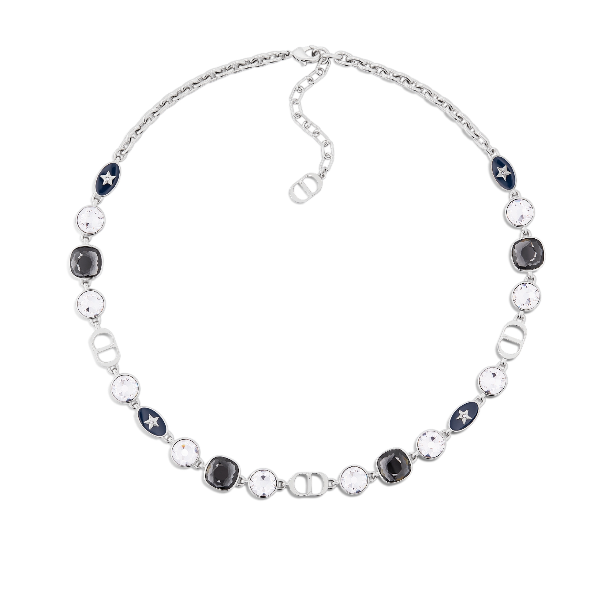 Collana con stelle Ottone con finitura color argento, cristalli grigi e bianchi e resina blu E01