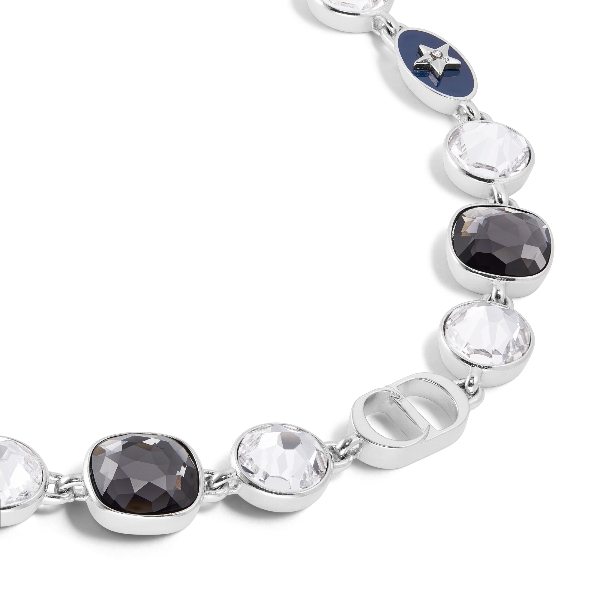 Collana con stelle Ottone con finitura color argento, cristalli grigi e bianchi e resina blu E09