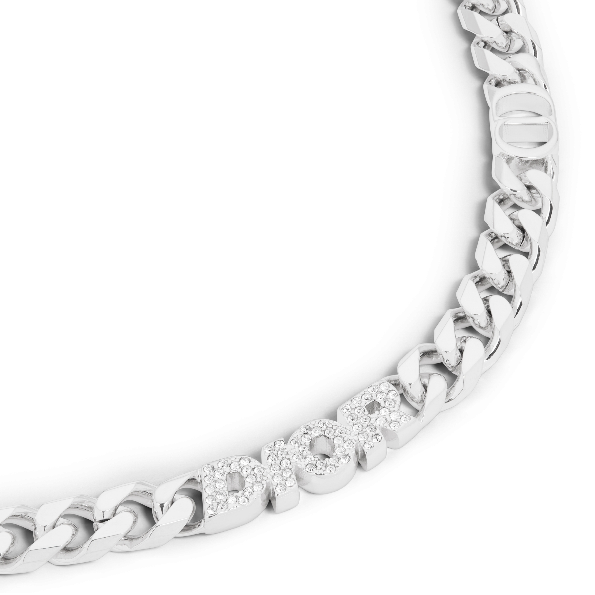 Dior Italic Chain Link Necklace Silver-Finish Brass with White Crystals and Black and Gray Resin E09