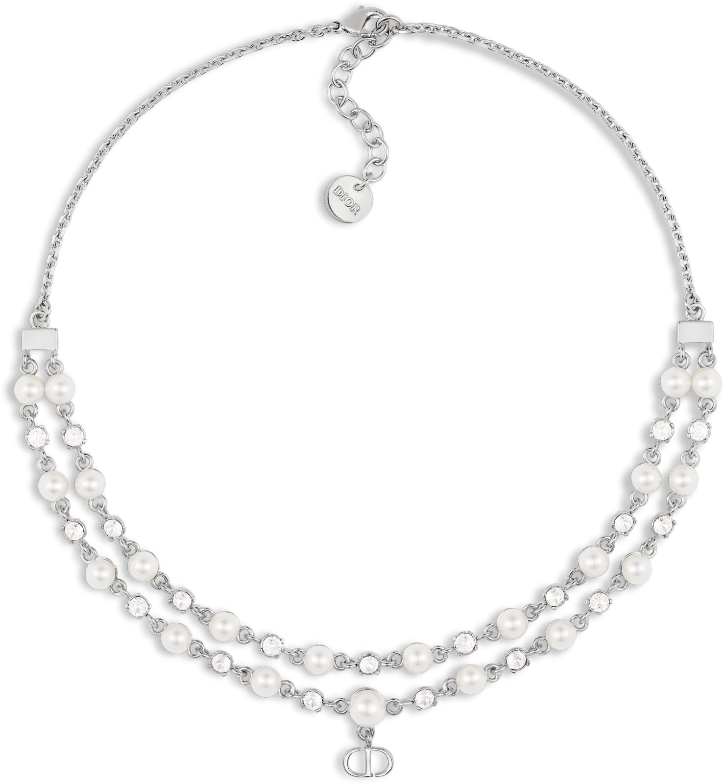 Petit CD Treasure Necklace Gold Finish Metal with White Resin Pearls and Silver Tone Crystals DIOR