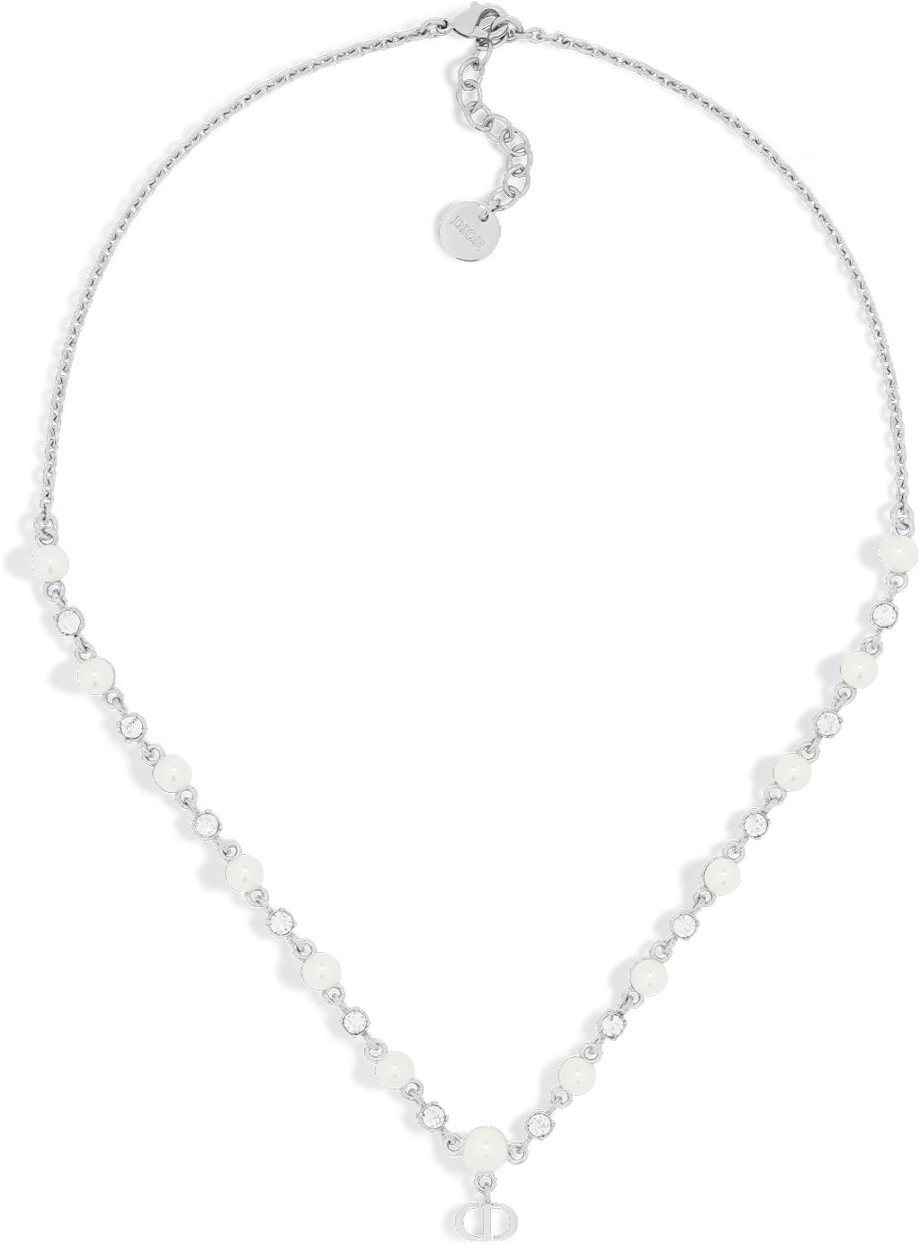 Petit CD Treasure Necklace Gold Finish Metal with White Resin Pearls and Silver Tone Crystals DIOR