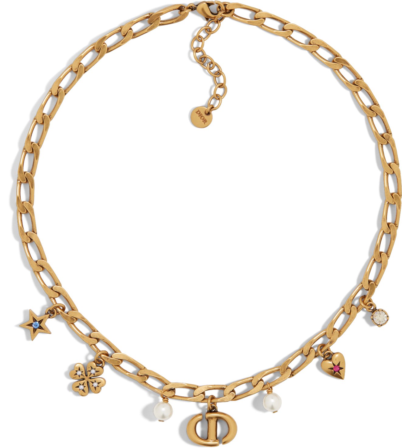 Dior Lucky Charms Necklace Antique Gold Finish Metal with White Resin Pearls and Multicolor Crystals DIOR
