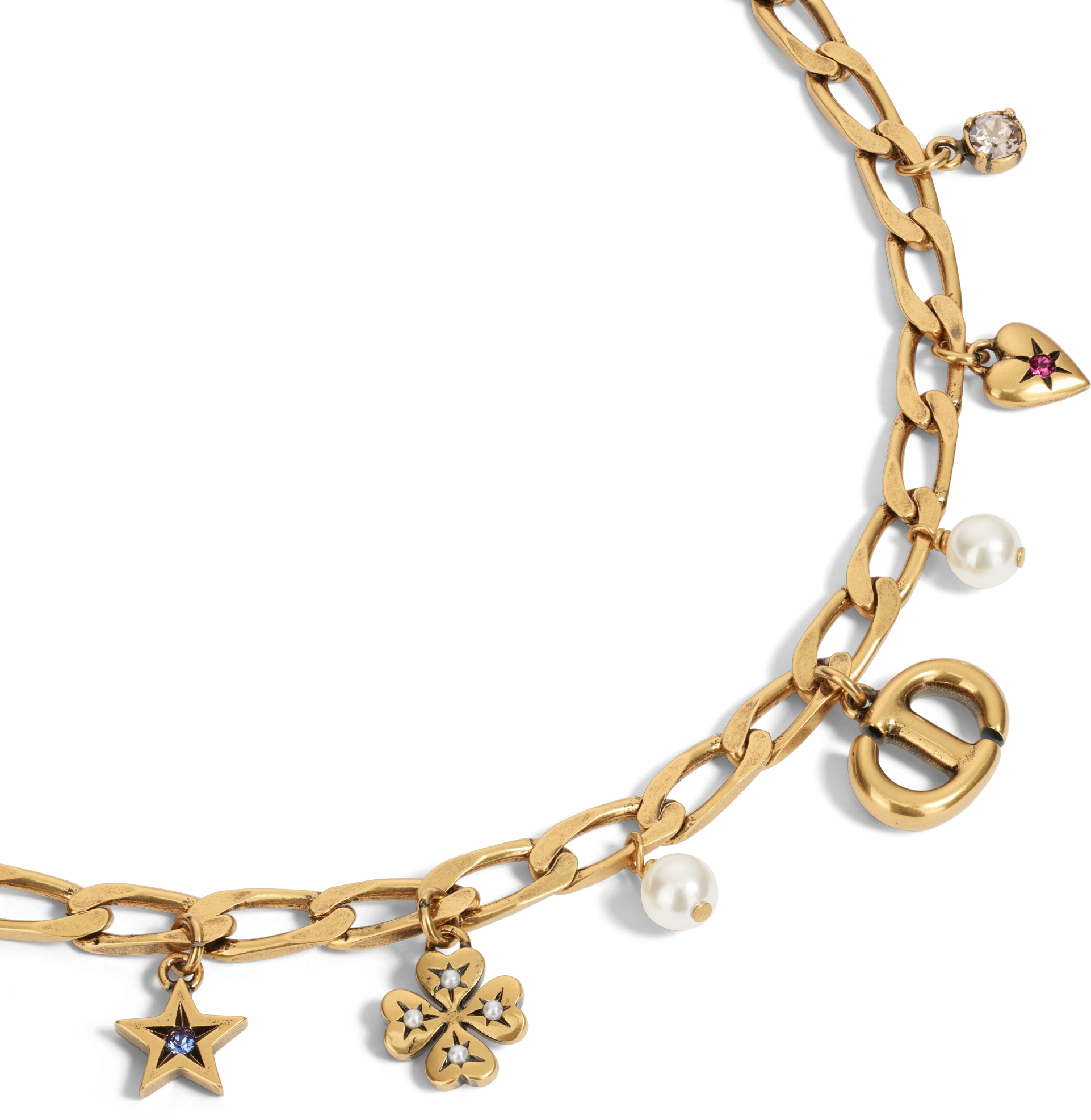 Dior Lucky Charms Necklace Antique Gold Finish Metal with White Resin Pearls and Multicolor Crystals DIOR