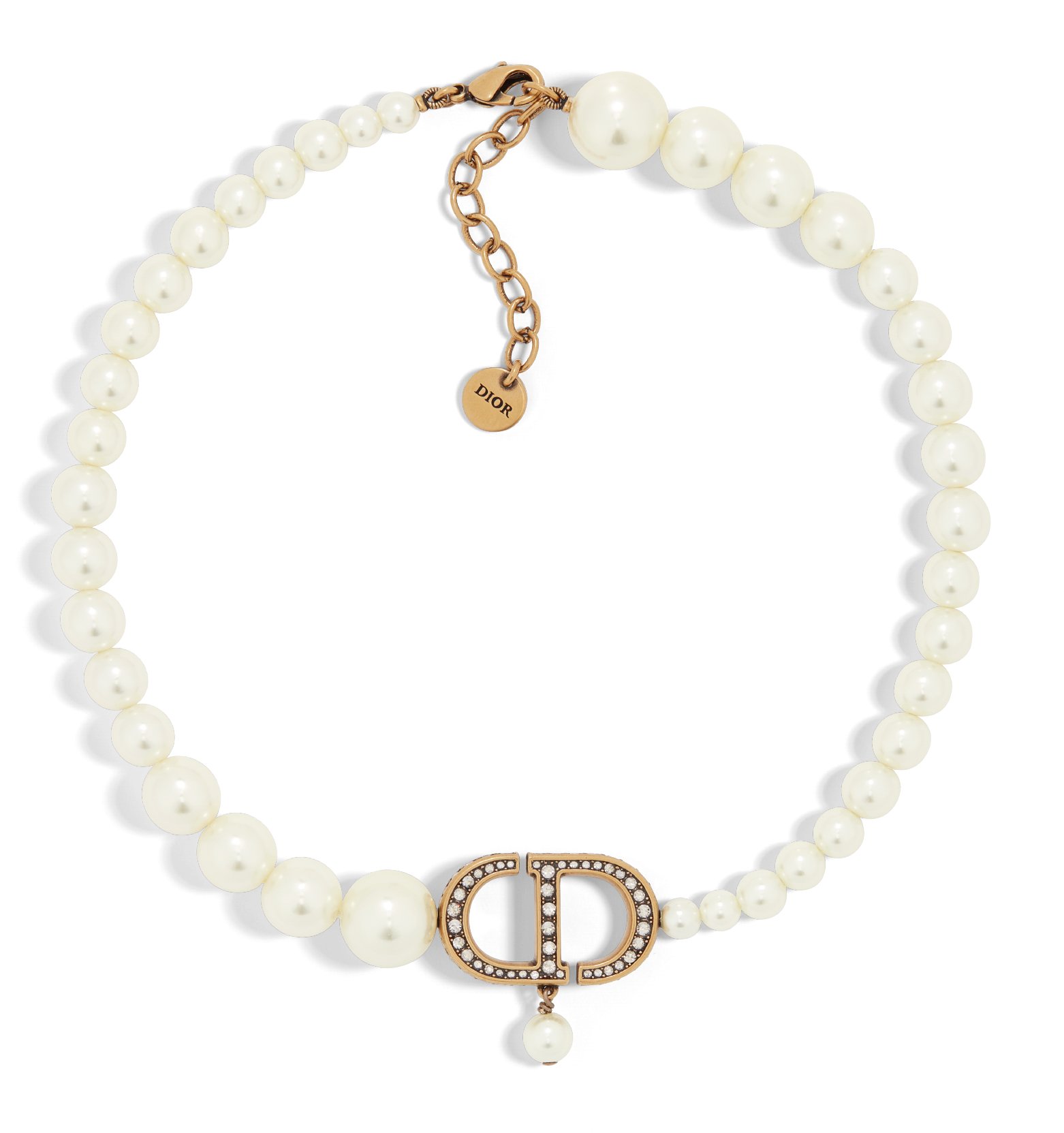 30 Montaigne Necklace Antique Gold Finish Metal with White Resin Pearls and Silver Tone Crystals DIOR
