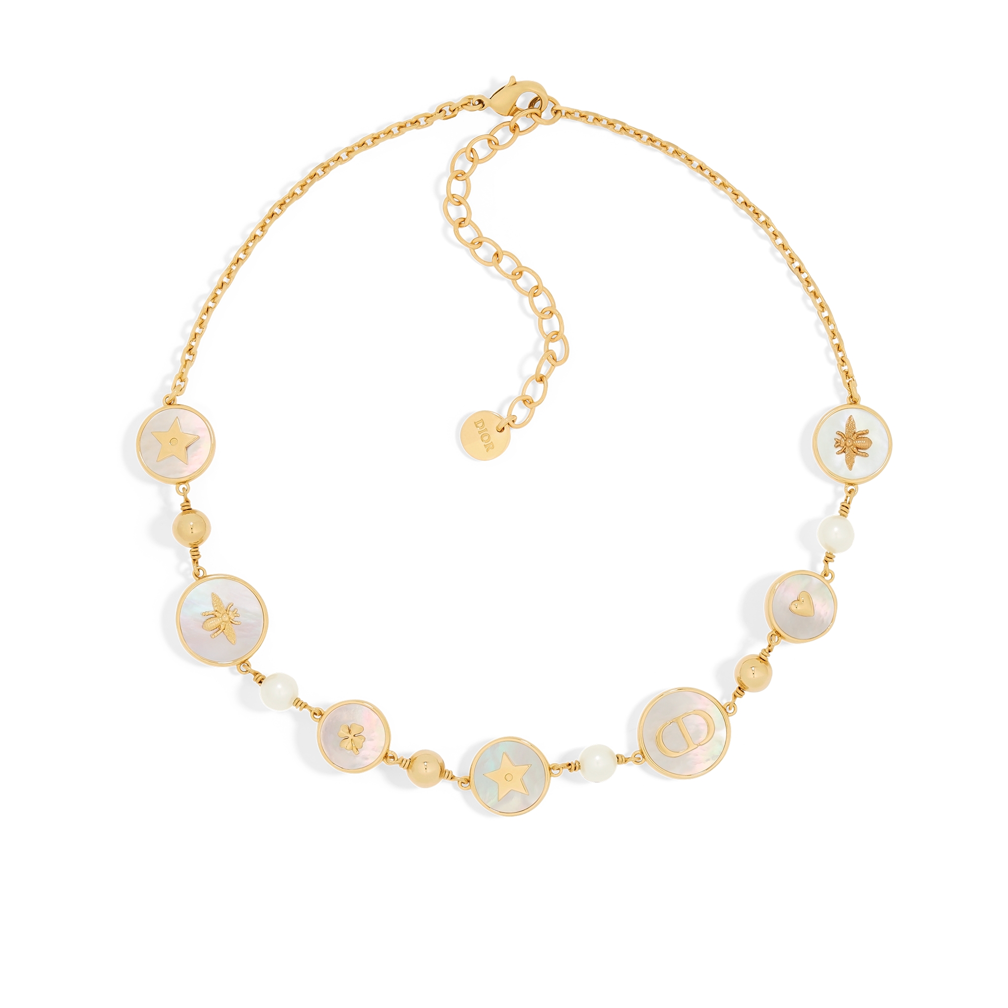 D-Luck Short Necklace Gold-Finish Metal, White Resin Pearls and White Mother-of-Pearl E01