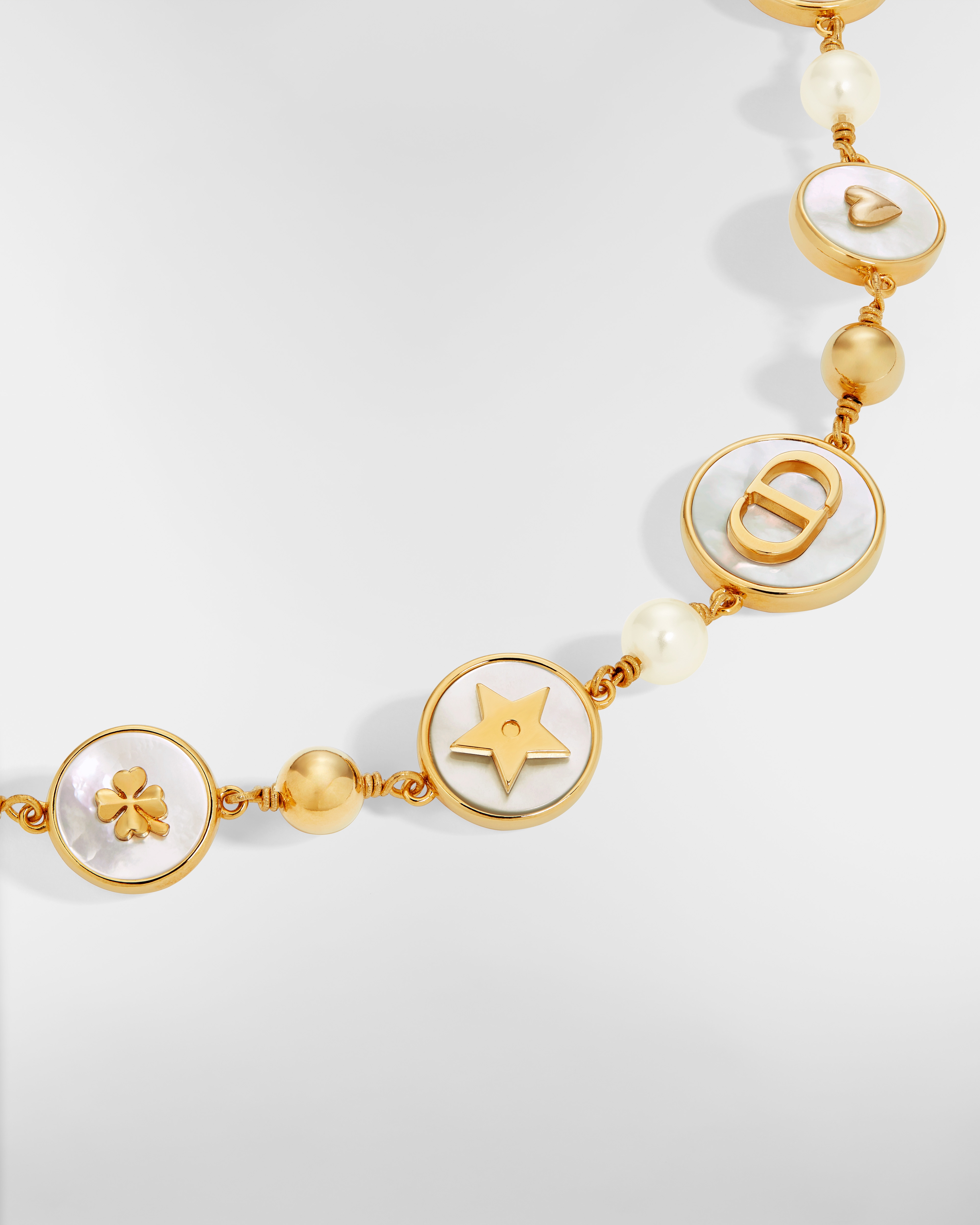 D-Luck Short Necklace Gold-Finish Metal, White Resin Pearls and White Mother-of-Pearl E09