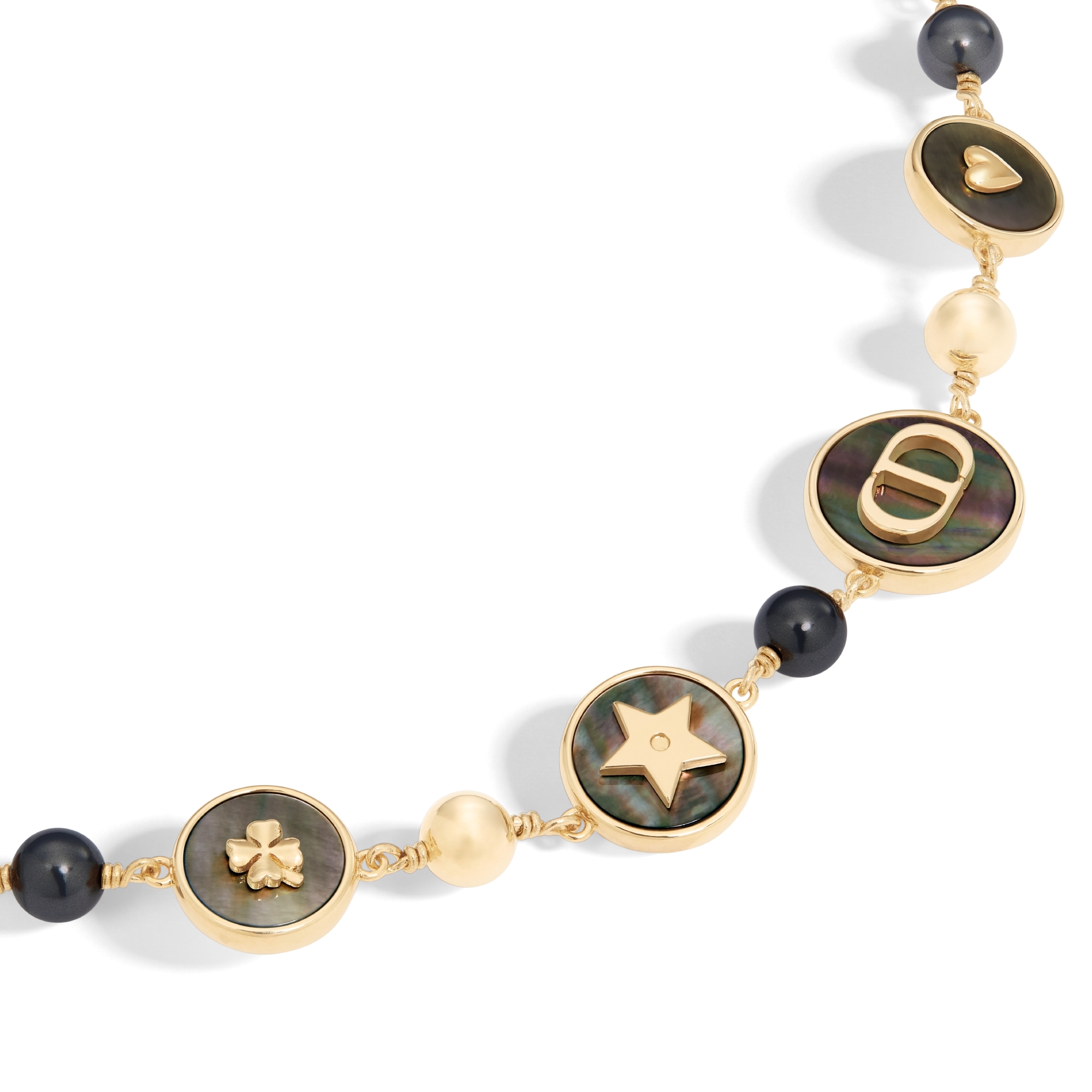 Kurze D-Luck Halskette Metall mit Gold-Finish, Kunstharzperlen in Weiß und sattem Grau und Tahiti-Perlmutt E09