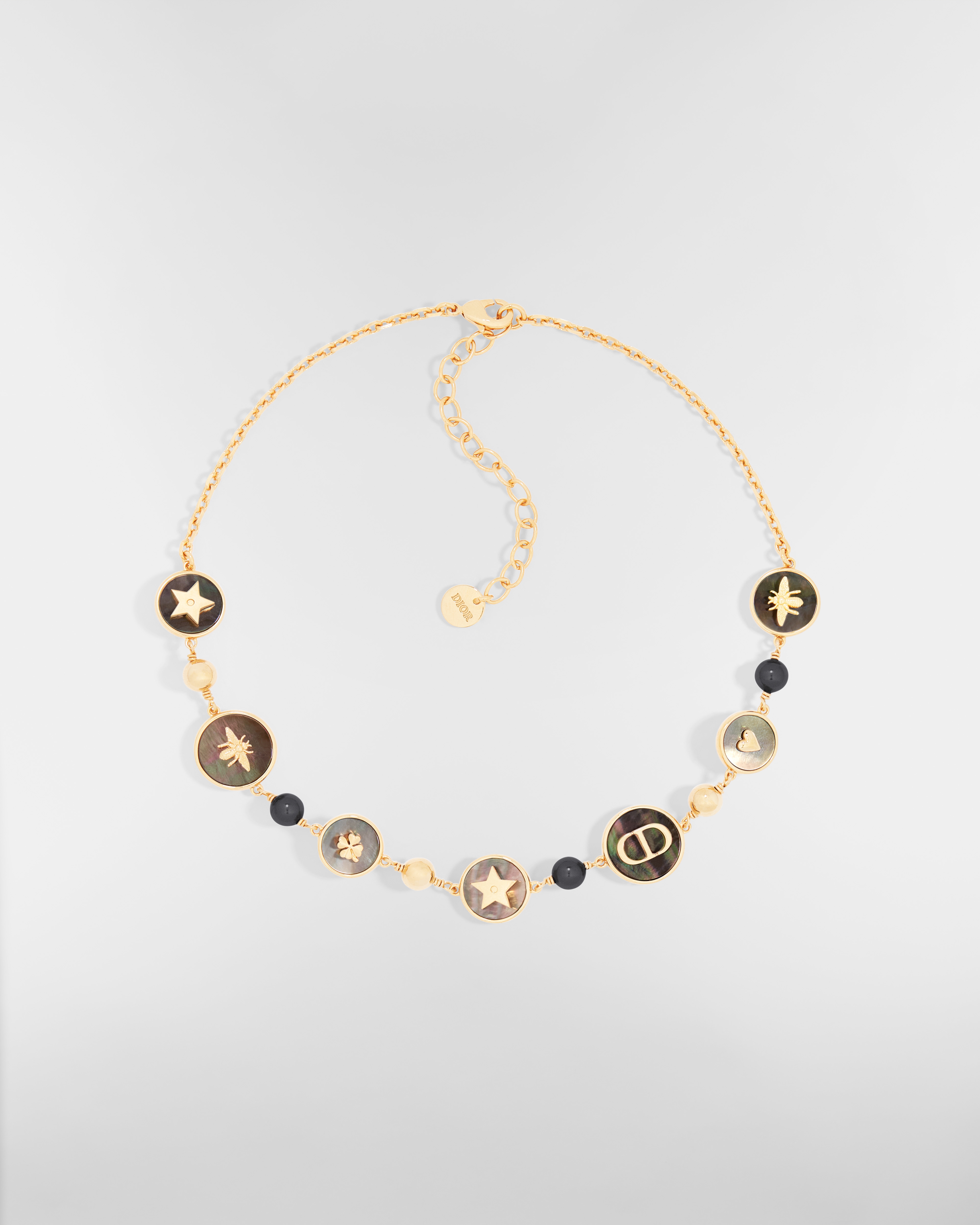 Korte D-Luck-ketting Metaal met goudkleurige afwerking met witte en diepgrijze harsparels en parelmoer uit Tahiti E01