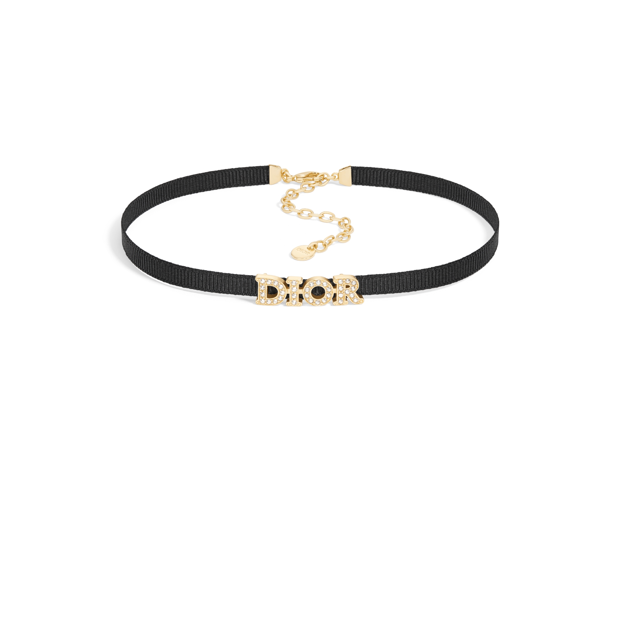 Dio(r)evolution Choker Black Grosgrain-Effect Technical Fabric, Gold-Finish Metal and Silver-Tone Crystals E01