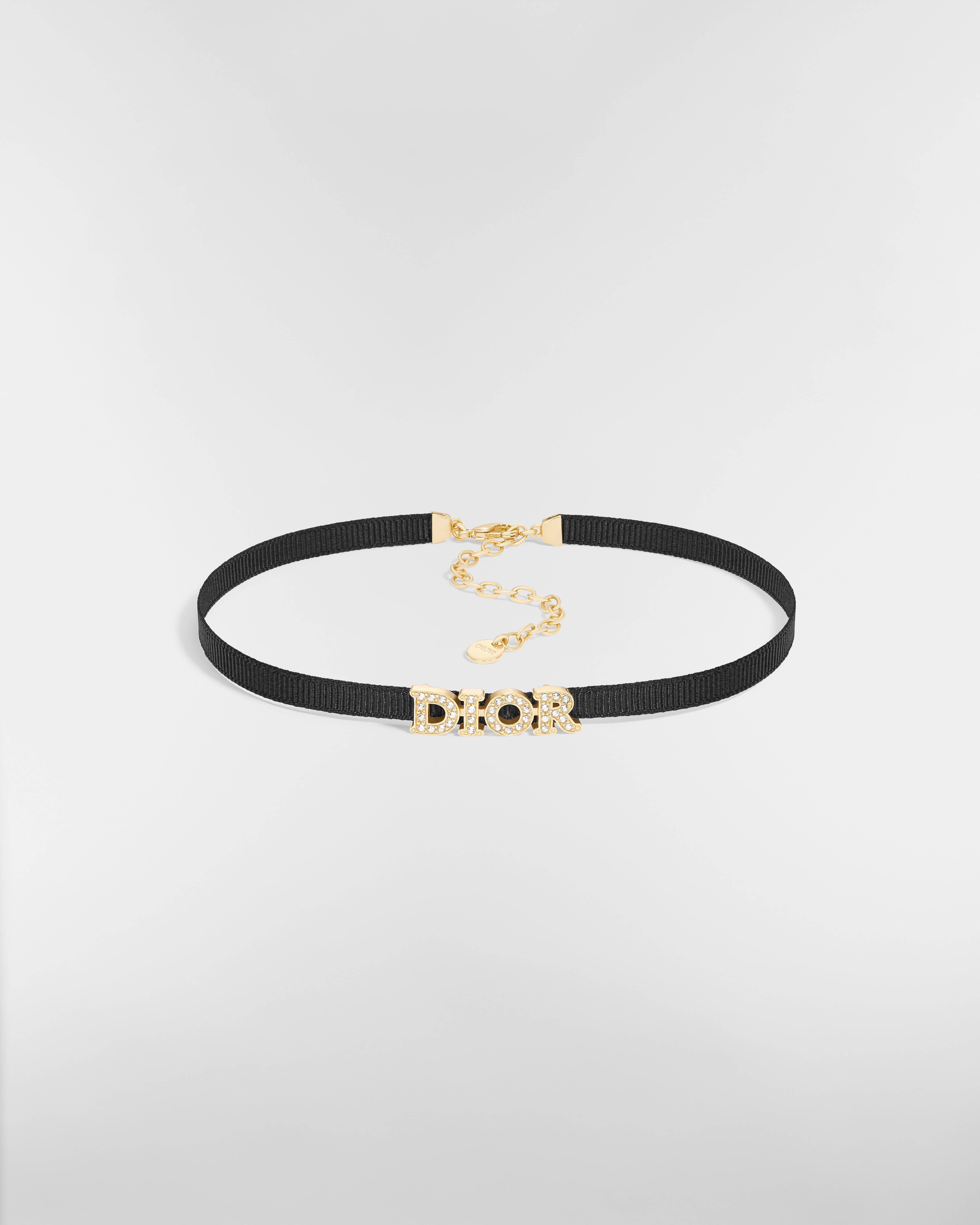 Dio(r)evolution Choker Black Grosgrain-Effect Technical Fabric, Gold-Finish Metal and Silver-Tone Crystals E01