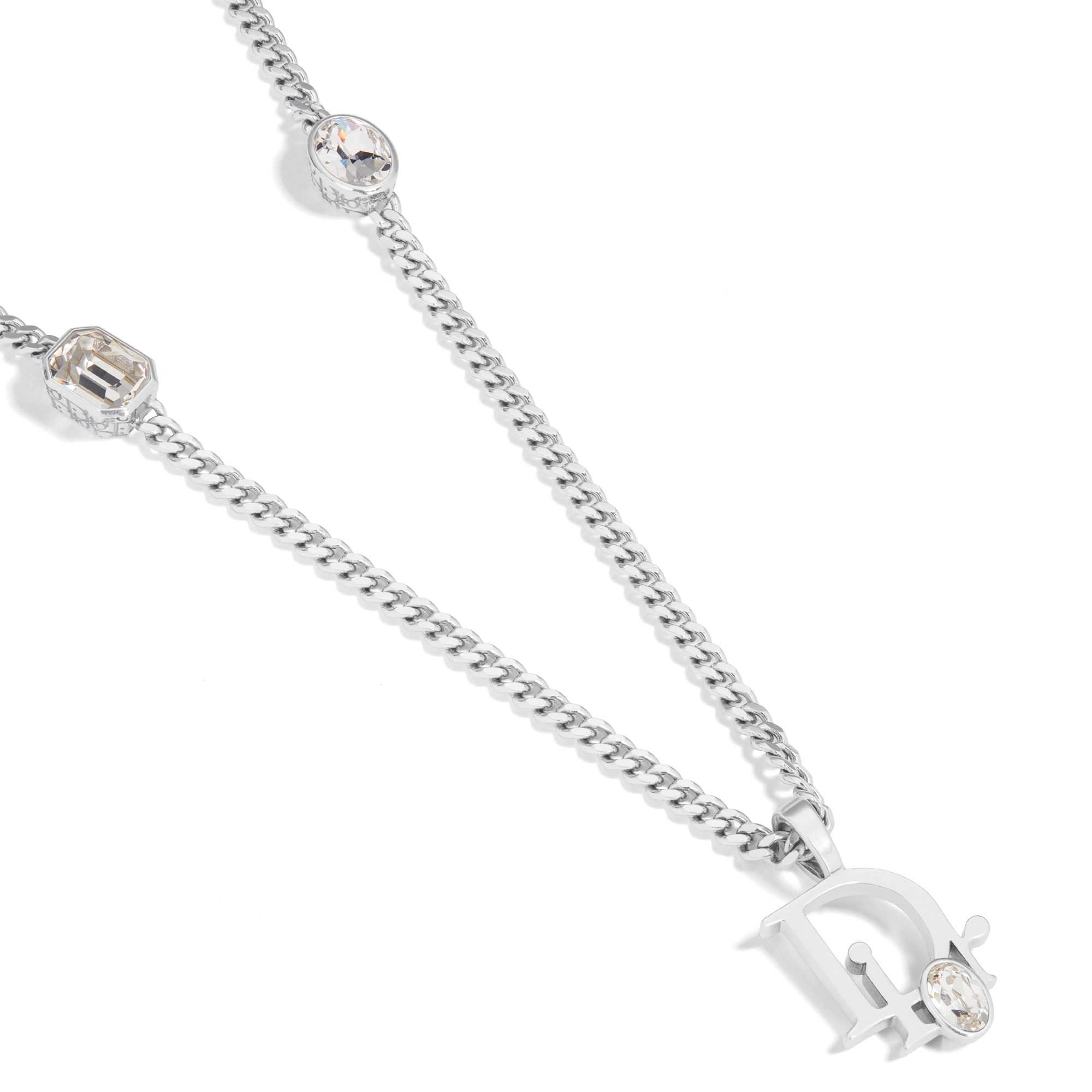 Dior Sparkle Pendant Necklace Silver-Finish Brass with White Crystals and Gray Resin E09