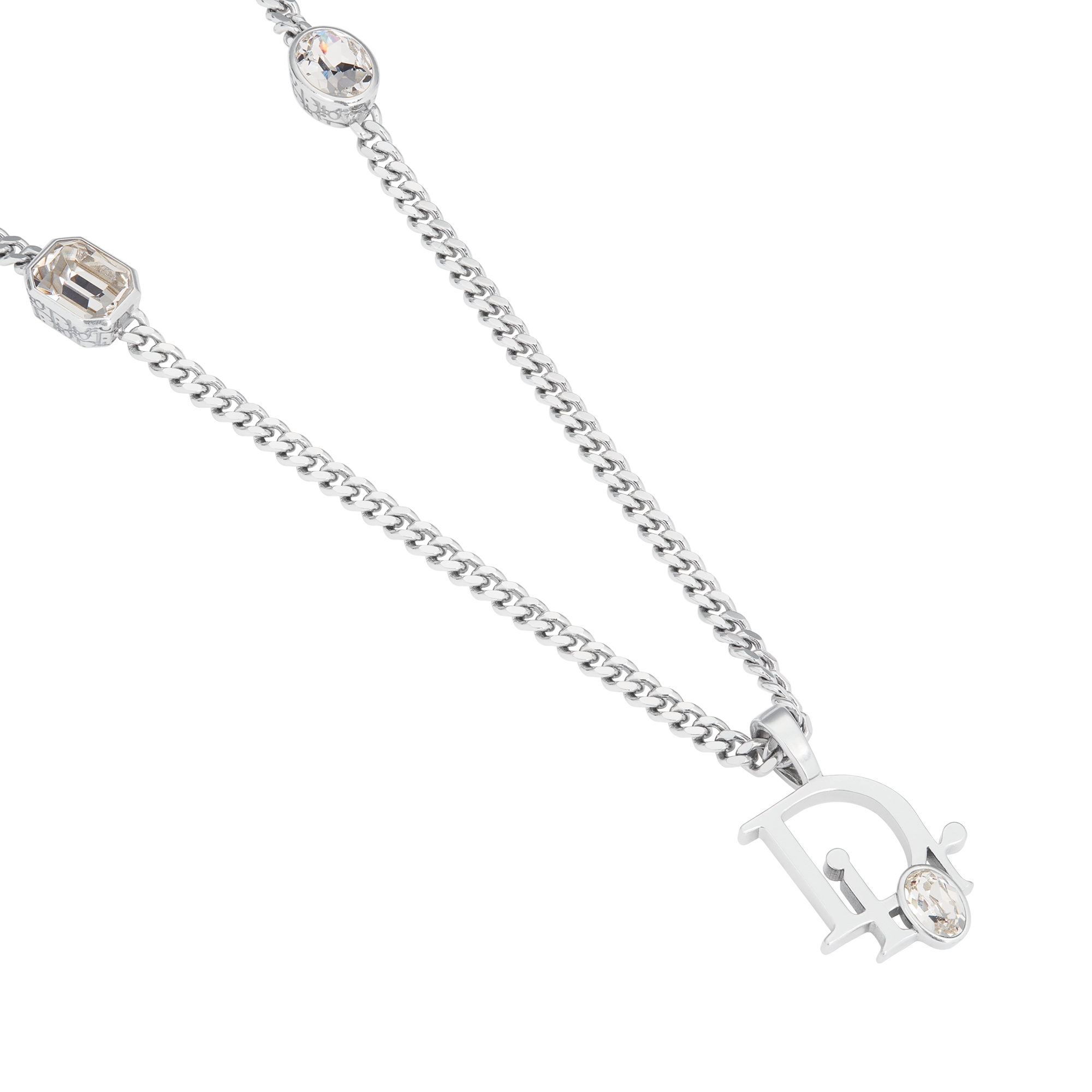 Dior Sparkle Pendant Necklace Silver-Finish Brass with White Crystals and Gray Resin E09
