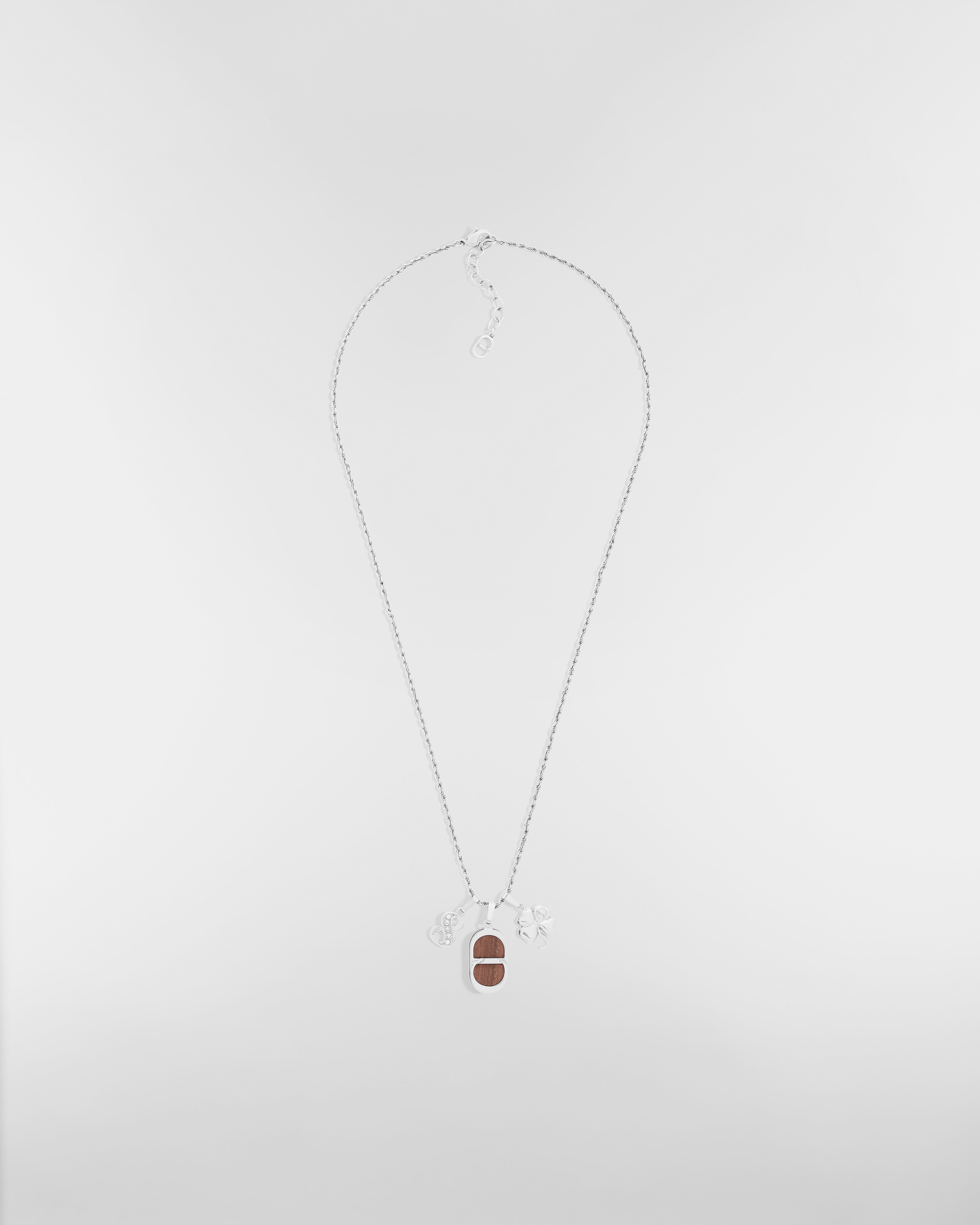 Knock on Wood Pendant Necklace Silver-Finish Brass, Santos Wood and White Crystals E01