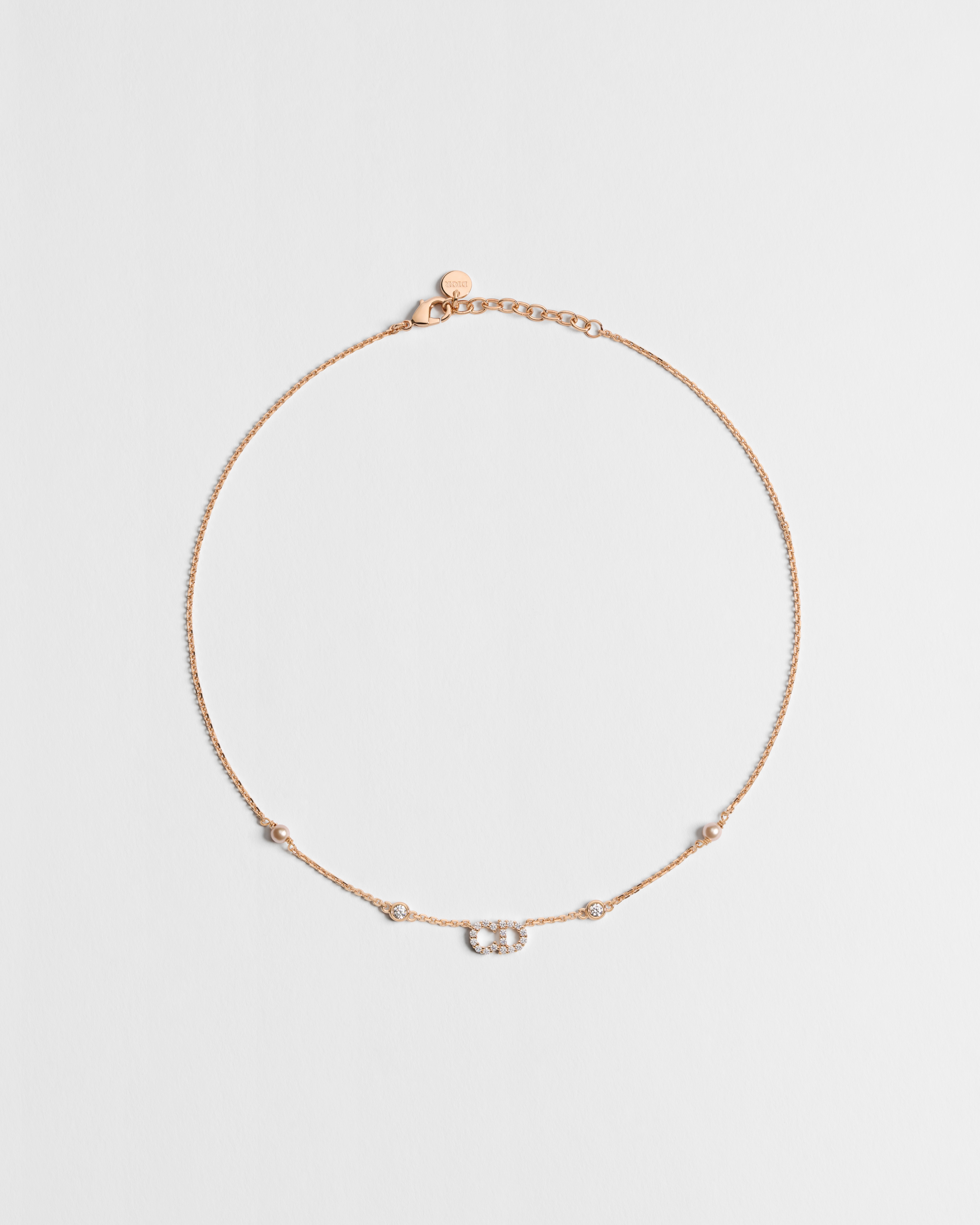CD Signature Necklace Pink-Finish Metal, Iridescent Pink Resin Pearls and Sparkling Crystals E01