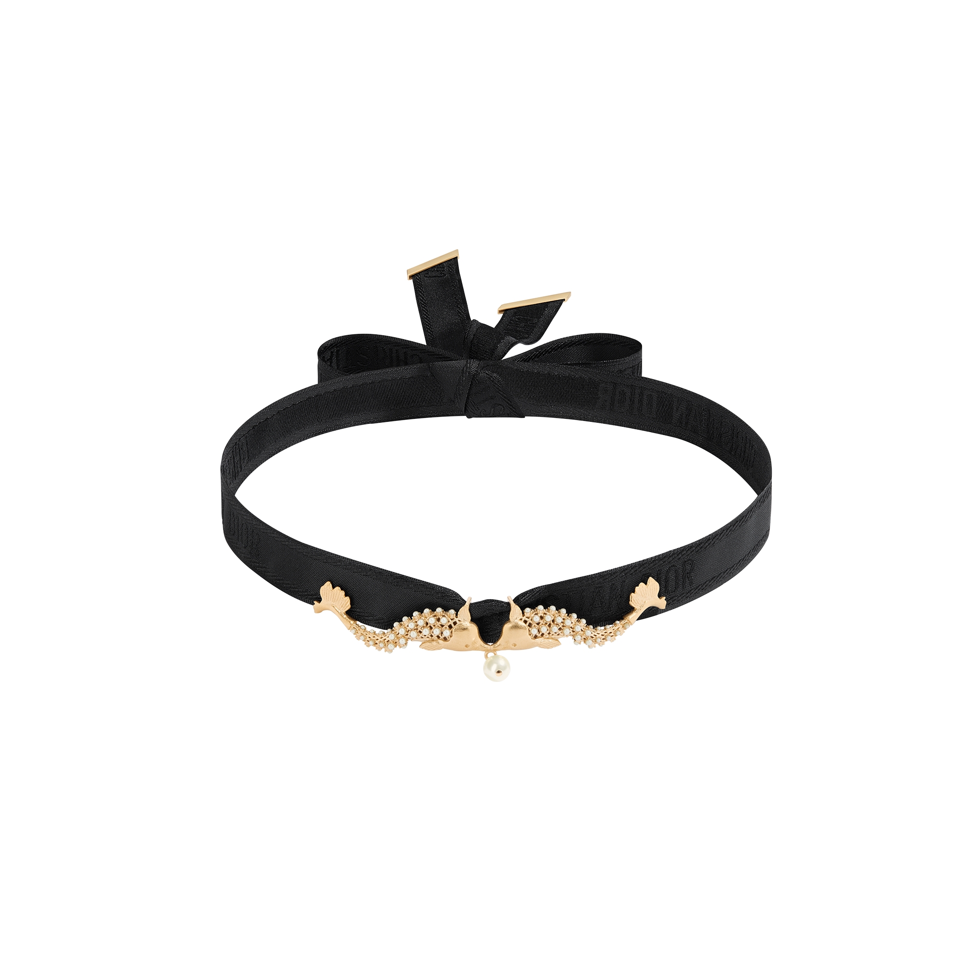 Dior Arabesque Choker Black Grosgrain-Effect Technical Fabric, Gold-Finish Metal and White Resin Pearl E01