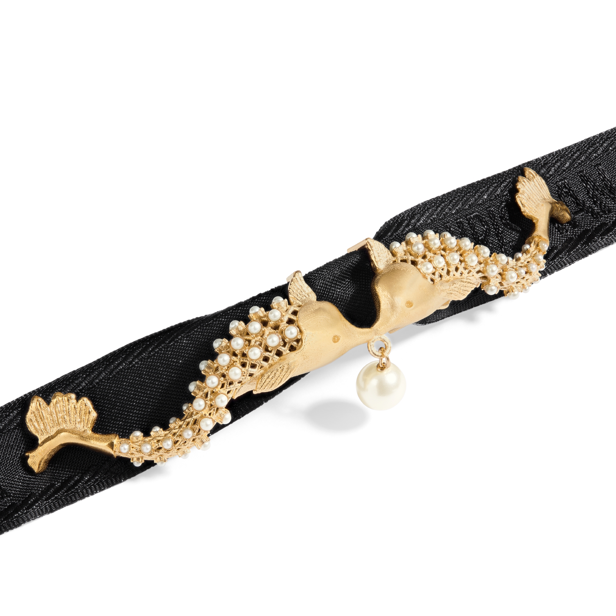 Dior Arabesque Choker Black Grosgrain-Effect Technical Fabric, Gold-Finish Metal and White Resin Pearl E09